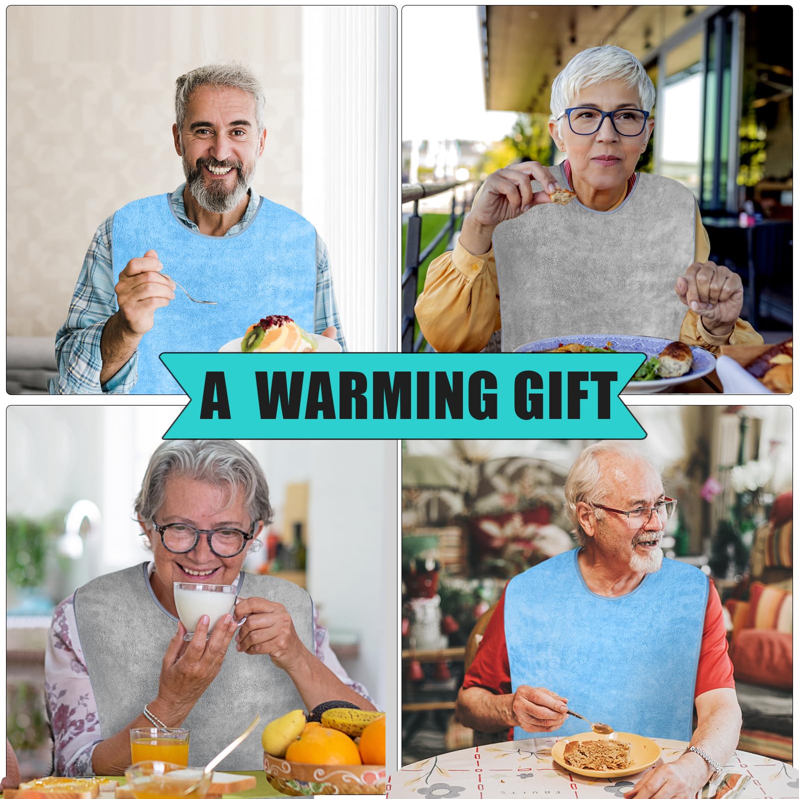 **4 Pack Reusable Adult Bibs for Men & Women - Waterproof Terry Cloth Bibs for Elderly & Seniors - Perfect for Dining, Travel & Mealtime Protection**