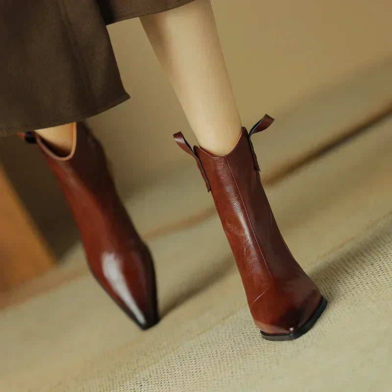**Genuine Leather Western Boots for Women - Pointed Toe Chunky Heel Chelsea Ankle Boots, Retro Style for Autumn & Winter | Perfect for Cowgirl Fashion, Country Rides & Casual Outfits**