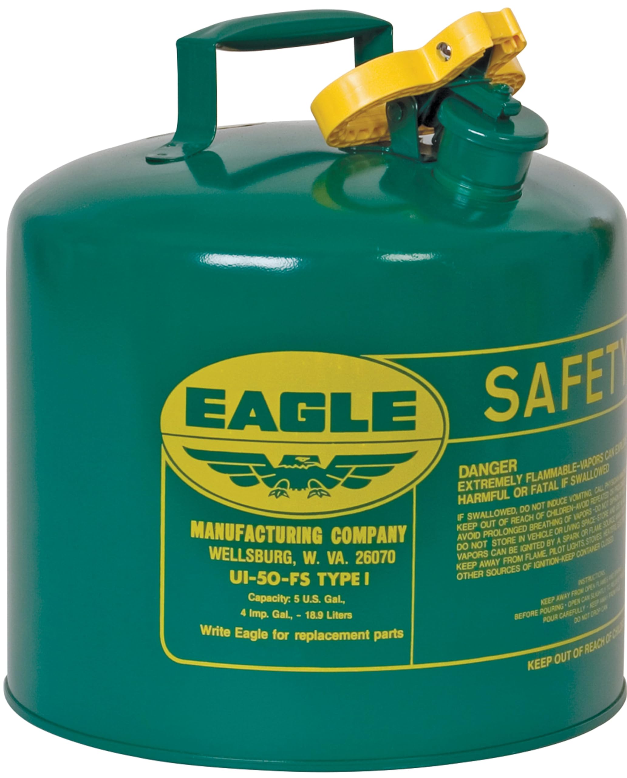 Eagle 5 Gallon Type I Green Safety Gas Can - OSHA Approved Flammable Liquid Storage Container with Flame Arrester & Self-Closing Lid - Made in USA - Galvanized Steel Fuel Can for Gasoline, Oil & Combustibles - Perfect for Garage, Workshop & Emergency Fuel Storage - UI50SG