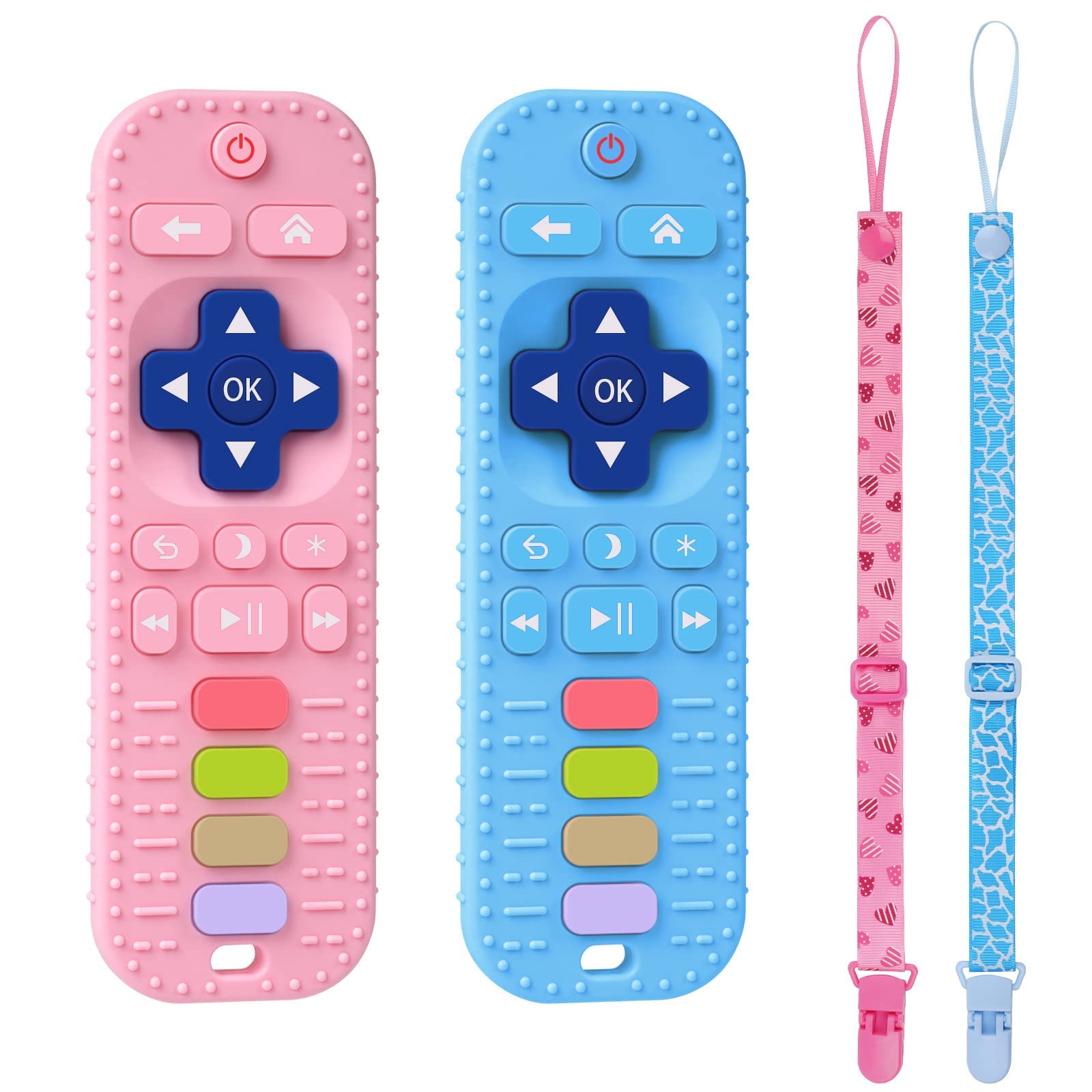 BPA-Free Silicone Baby Teething Toys Set - 2PCS Remote Control Shaped Teethers with Pacifier Clips for Infants 3+ Months (Blue & Pink) - Perfect for Soothing Sore Gums & On-the-Go Teething Relief
