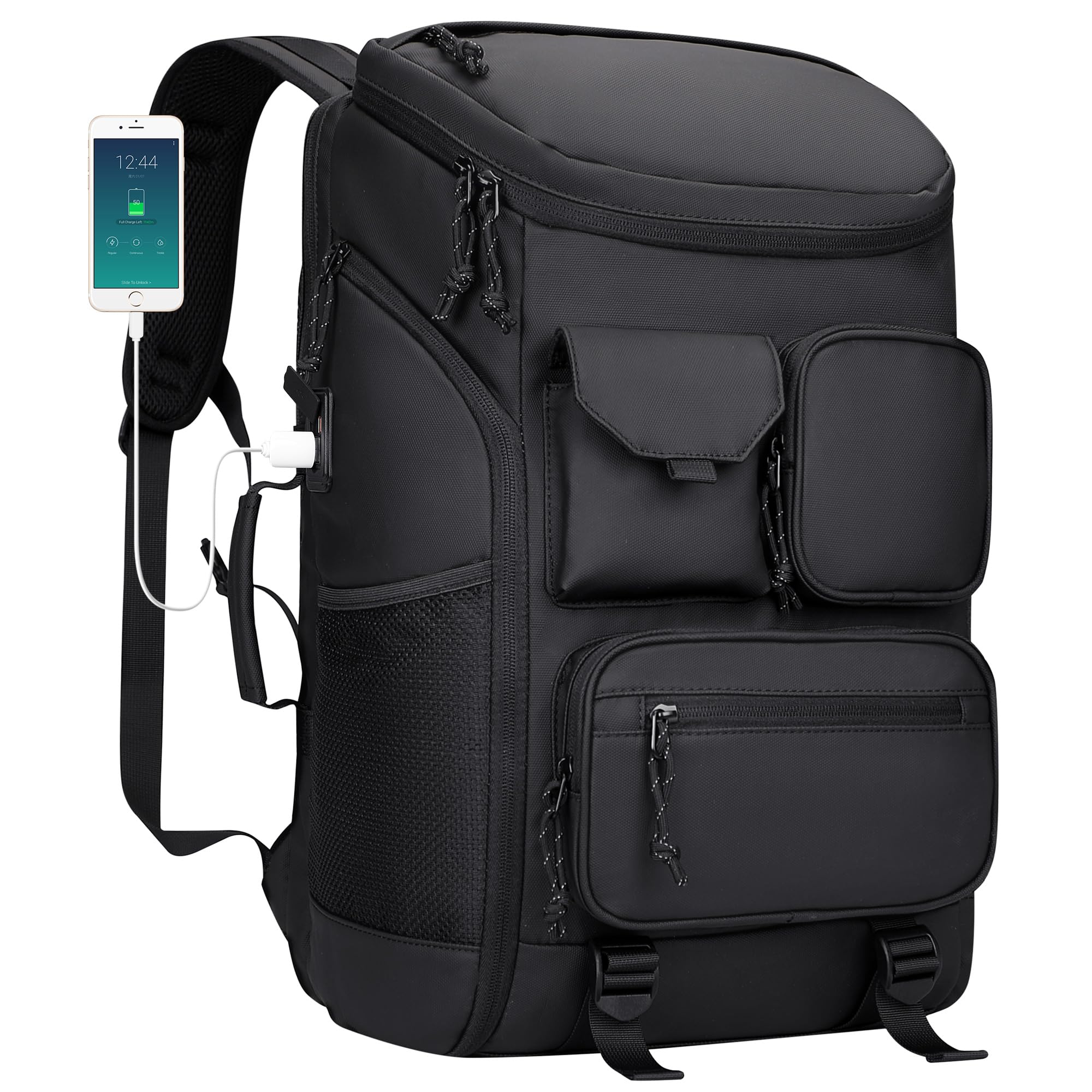 PIJUSHI Large Travel Laptop Backpack for Men & Women - Waterproof Carry On Backpack with Shoe Compartment & USB Charging Port - Perfect for Business Travel, Gym, Hiking & College (PE030 Black)