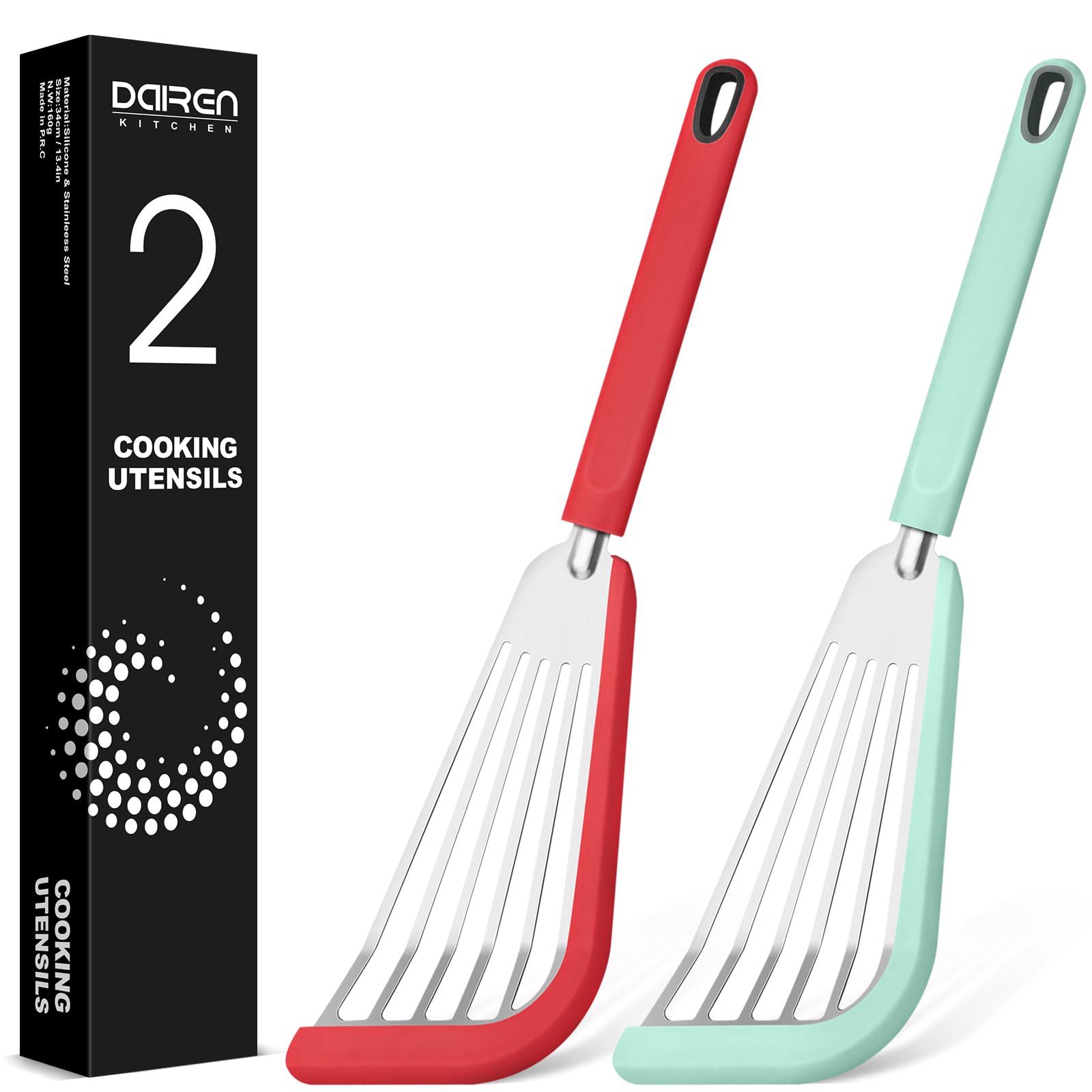 2-Pack Silicone Fish Spatula Turner Set - Thin Slotted Nonstick Cookware Spatulas, Heat Resistant Flexible Stainless Steel Kitchen Utensils for Flipping Fish, Eggs & Pancakes - Perfect for Grilling, Frying & Breakfast Cooking