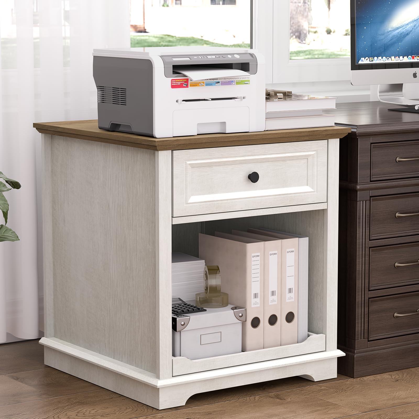 3-Drawer Lateral File Cabinet with Built-in Charging Station & Adjustable Shelves - Wooden Office Filing Cabinet, Printer Stand & Storage Organizer for Home & Office Workspace - White (Perfect for Document Organization & Workspace Efficiency)