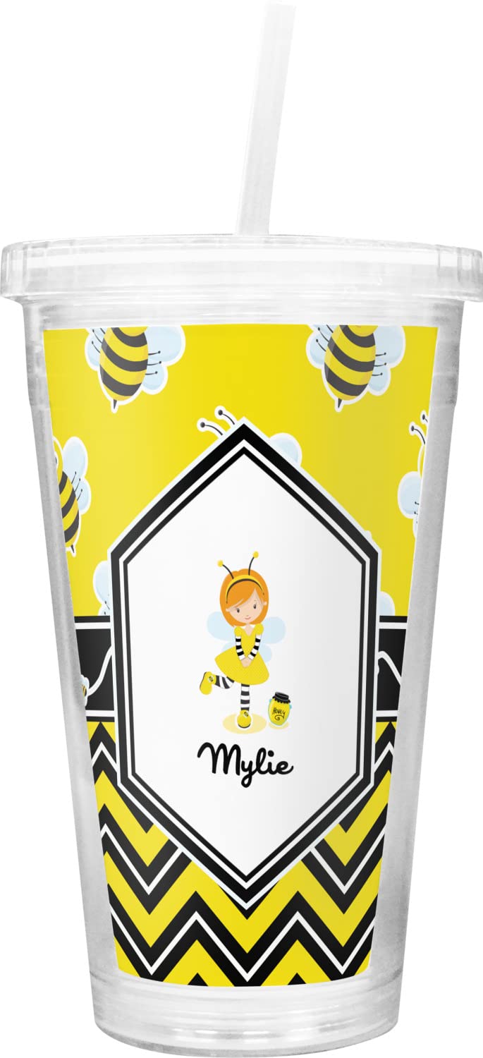 Personalized Buzzing Bee Stainless Steel Double Wall Insulated Tumbler with Lid and Straw - 20oz Vacuum Cup for Hot & Cold Drinks - Perfect Gift for Coffee, Tea, Iced Beverages at Home, Office or Travel