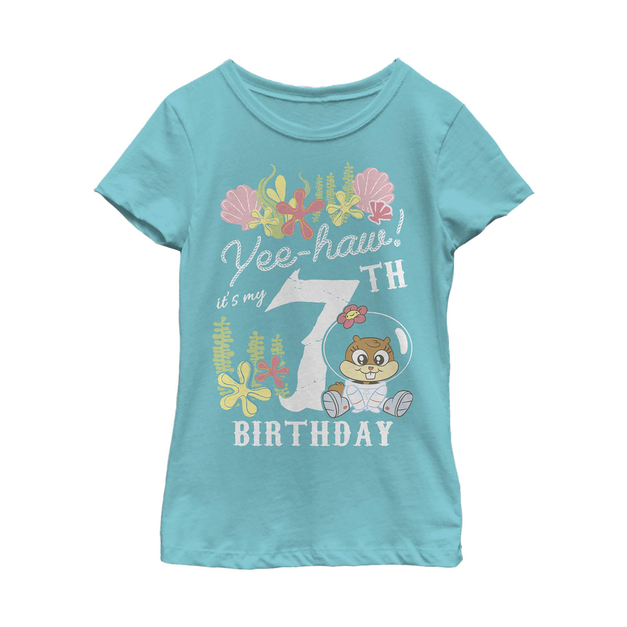 SpongeBob SquarePants Sandy Birthday T-Shirt for Girls - 7 Year Old Short Sleeve Graphic Tee - Fun Birthday Party Outfit & Casual Wear