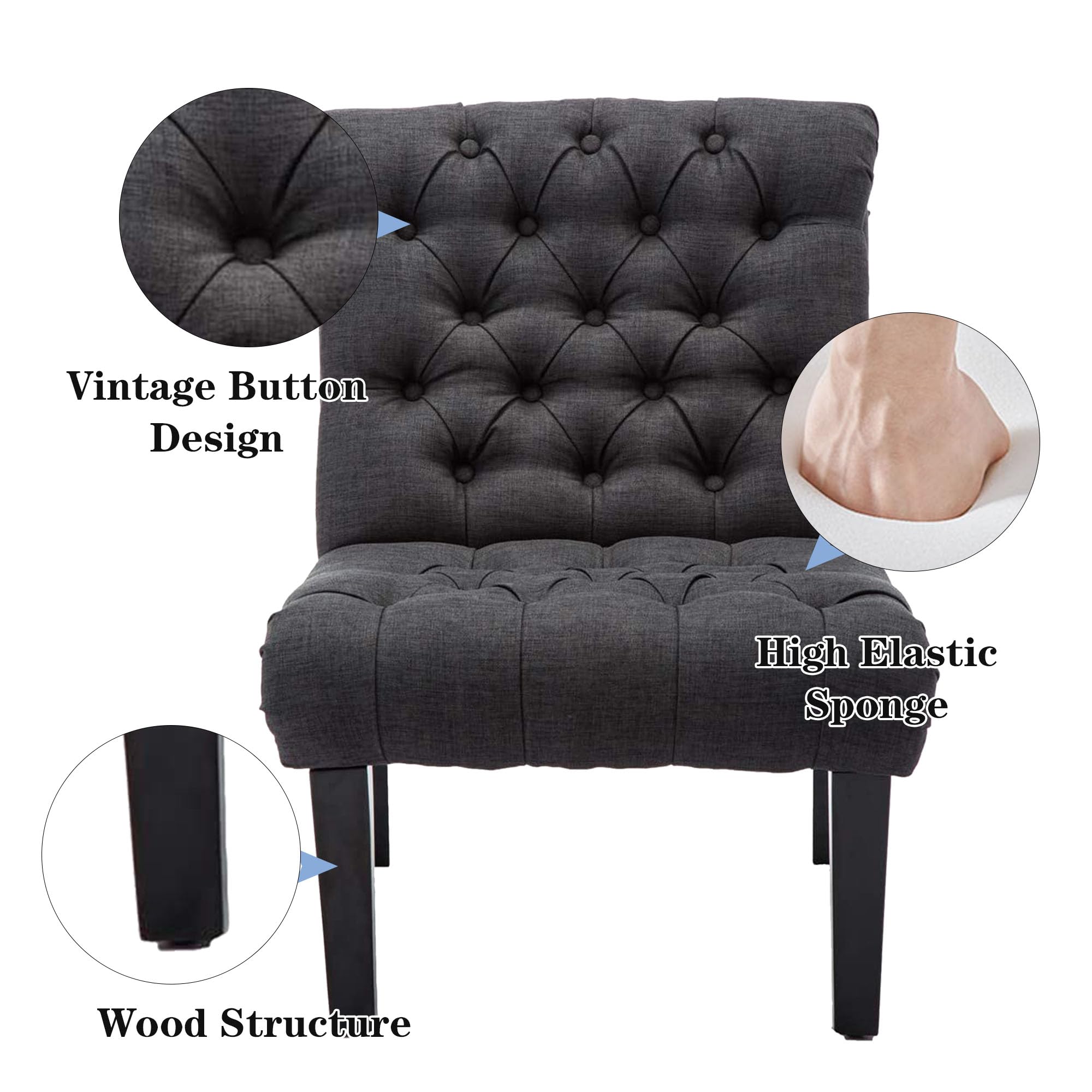 Modern Accent Chair for Living Room & Bedroom - Upholstered Tufted Armless Lounge Chair with Wooden Legs, Grey Fabric Recliner - Perfect for Reading Nook, Home Office, and Small Space Decor