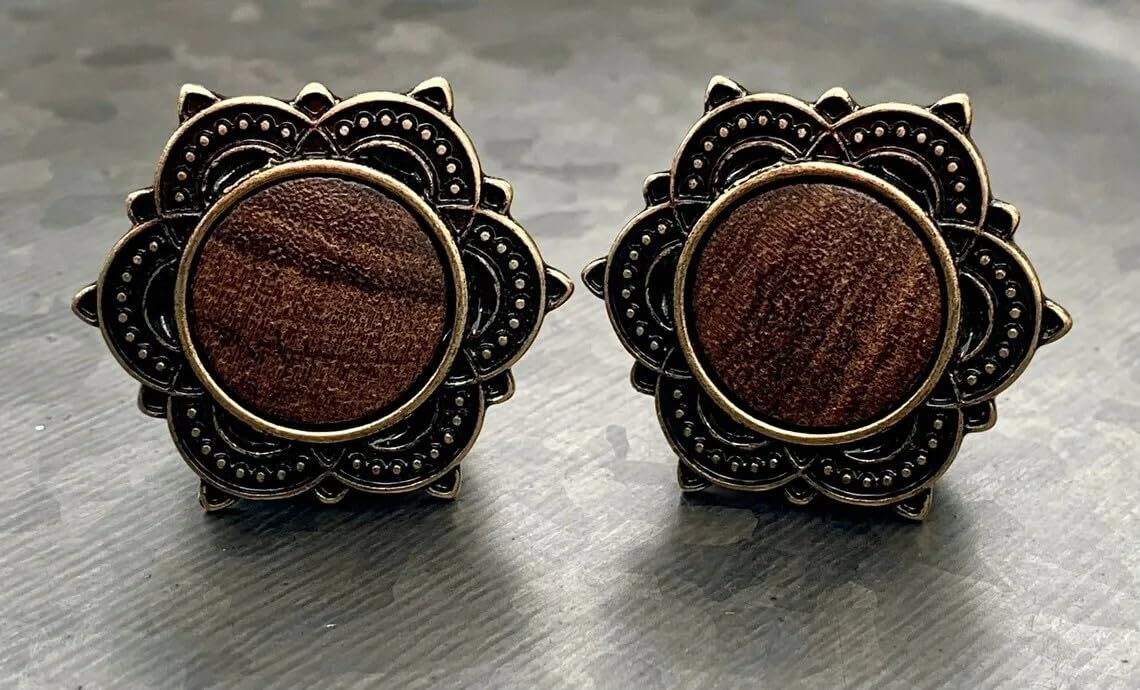 Rose Wood Plugs with Rose of Sharon Top - Organic Wooden Ear Gauges for Stretching - Body Jewelry for Men & Women - Perfect for Everyday Wear, Boho Style & Festival Fashion