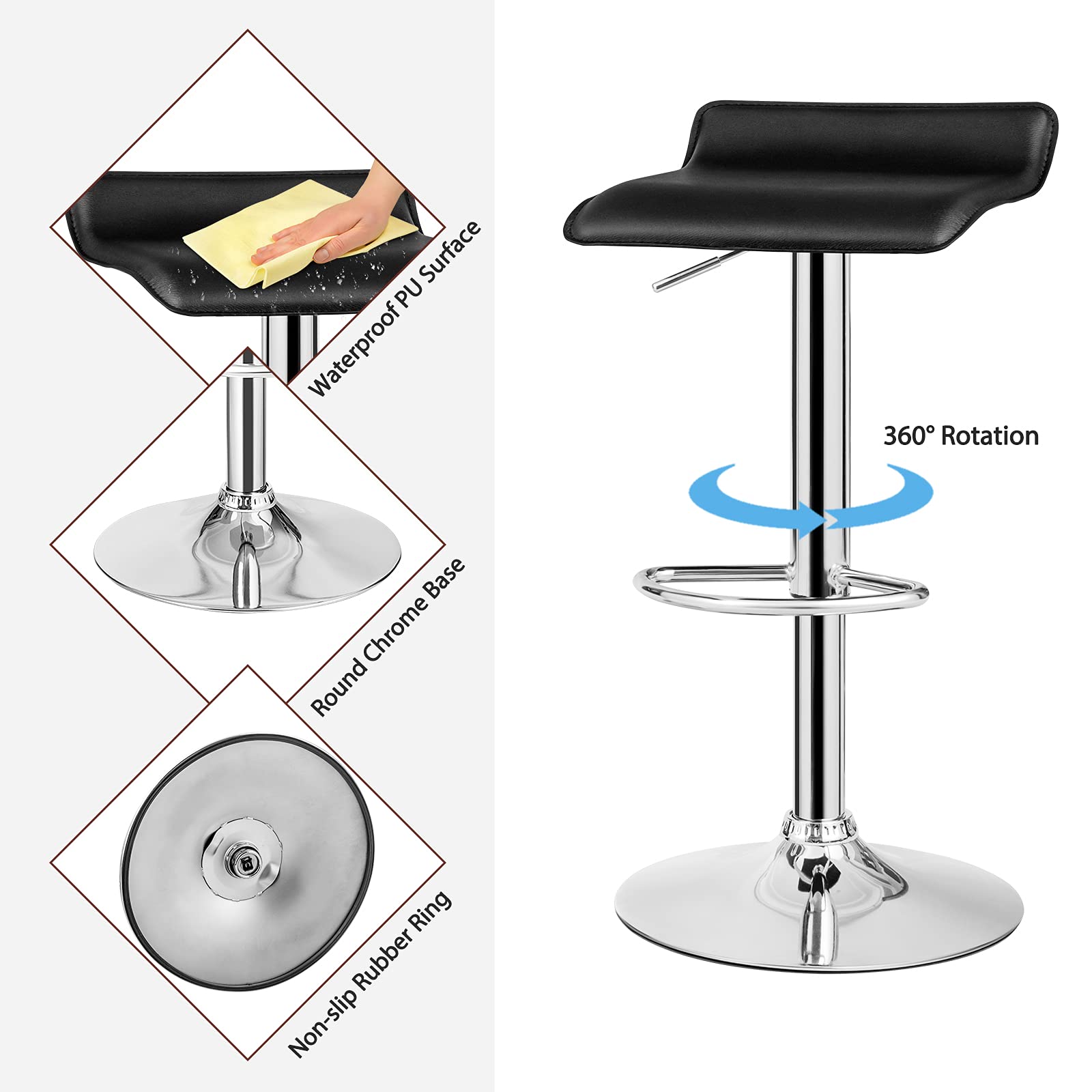 **Casart 4-Piece Adjustable Swivel Bar Stool Set with Footrest - PU Leather Upholstery, Chrome Base & Hydraulic Lift - Modern Counter Height Stools for Kitchen Island, Dining Room, Pub or Cafe (Black) - Perfect for Entertaining, Breakfast Bars & Home Decor**