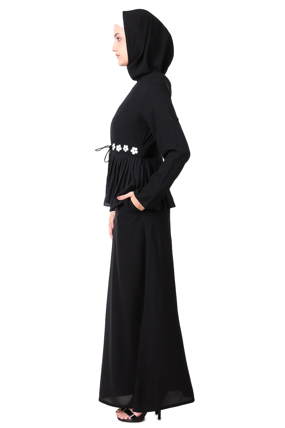 Elegant Frilled Georgette Waist A-Line Nida Abaya Dress - Perfect for Eid, Ramadan, and Special Occasions