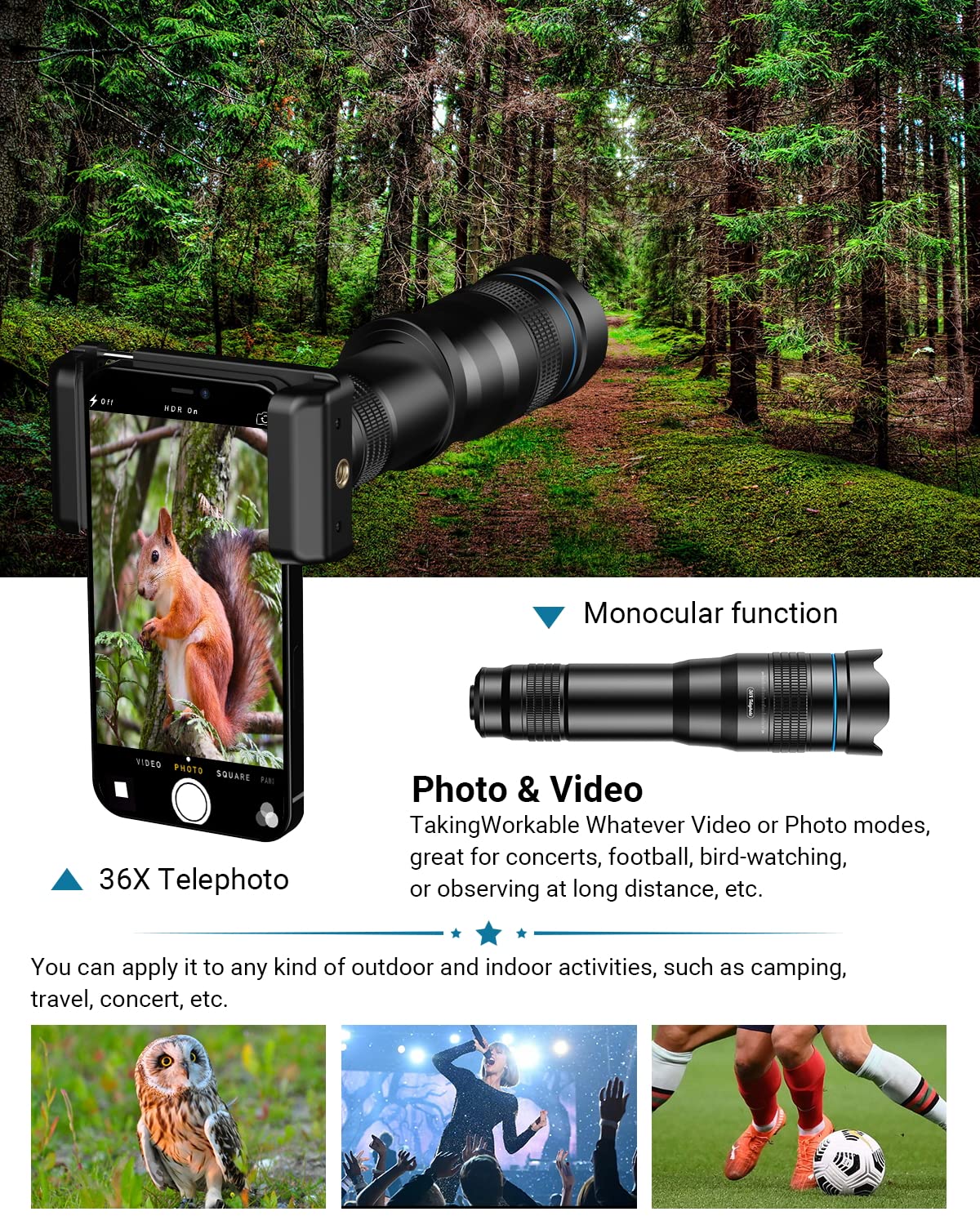 36X Telephoto Lens for iPhone & Android - High Power HD Phone Camera Lens with Tripod & Clip | Compatible with Samsung & Most Smartphones | Perfect for Travel, Wildlife & Long-Distance Photography