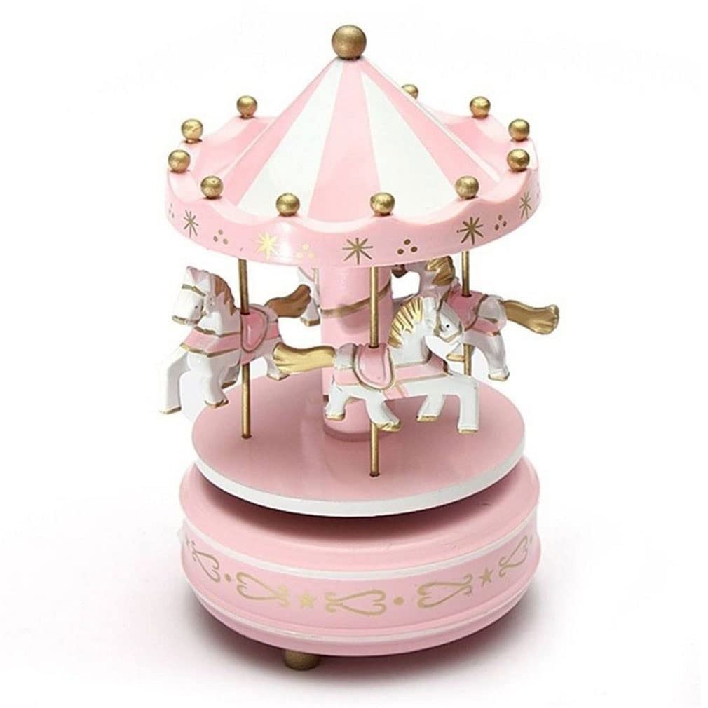 Zxb-Shop Wooden Merry-Go-Round Music Box - Pink Handmade Carousel Toy for Babies & Kids, Christmas Wedding Birthday Gift, Home Decor with Classic Melodies | Perfect for Nursery Decor, Baby Showers & Holiday Gifting