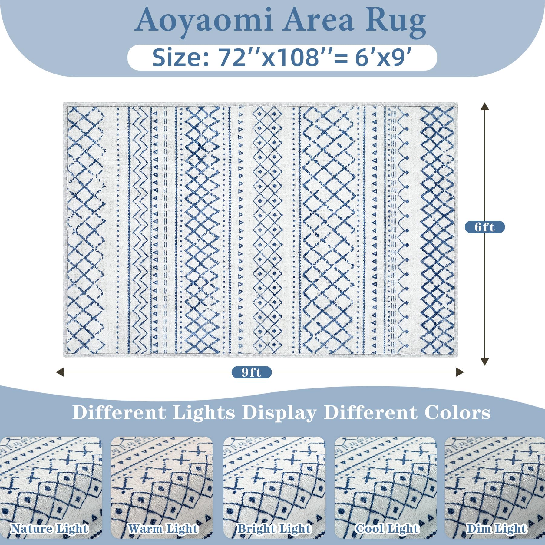 6x9 Washable Boho Moroccan Area Rug - Non-Slip Geometric Neutral Living Room Rug | Modern Farmhouse Indoor Floor Carpet for Bedroom, Dining Room & Home Decor (Blue, 6' x 9') - Perfect for Cozy Spaces, Airbnb Styling & Pet-Friendly Homes