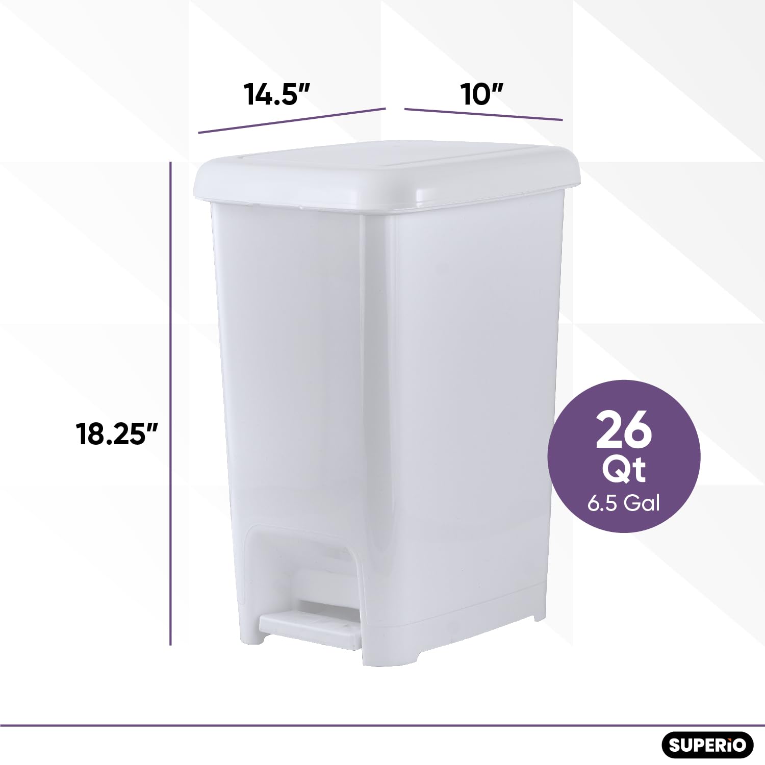 Superio 6.5 Gallon Slim Step-On Trash Can with Lid - Hands-Free Foot Pedal Garbage Bin for Kitchen, Bathroom, Office, Bedroom, RV, Dorm & Patio - White Smoke - Perfect for Small Spaces & Hygienic Waste Disposal