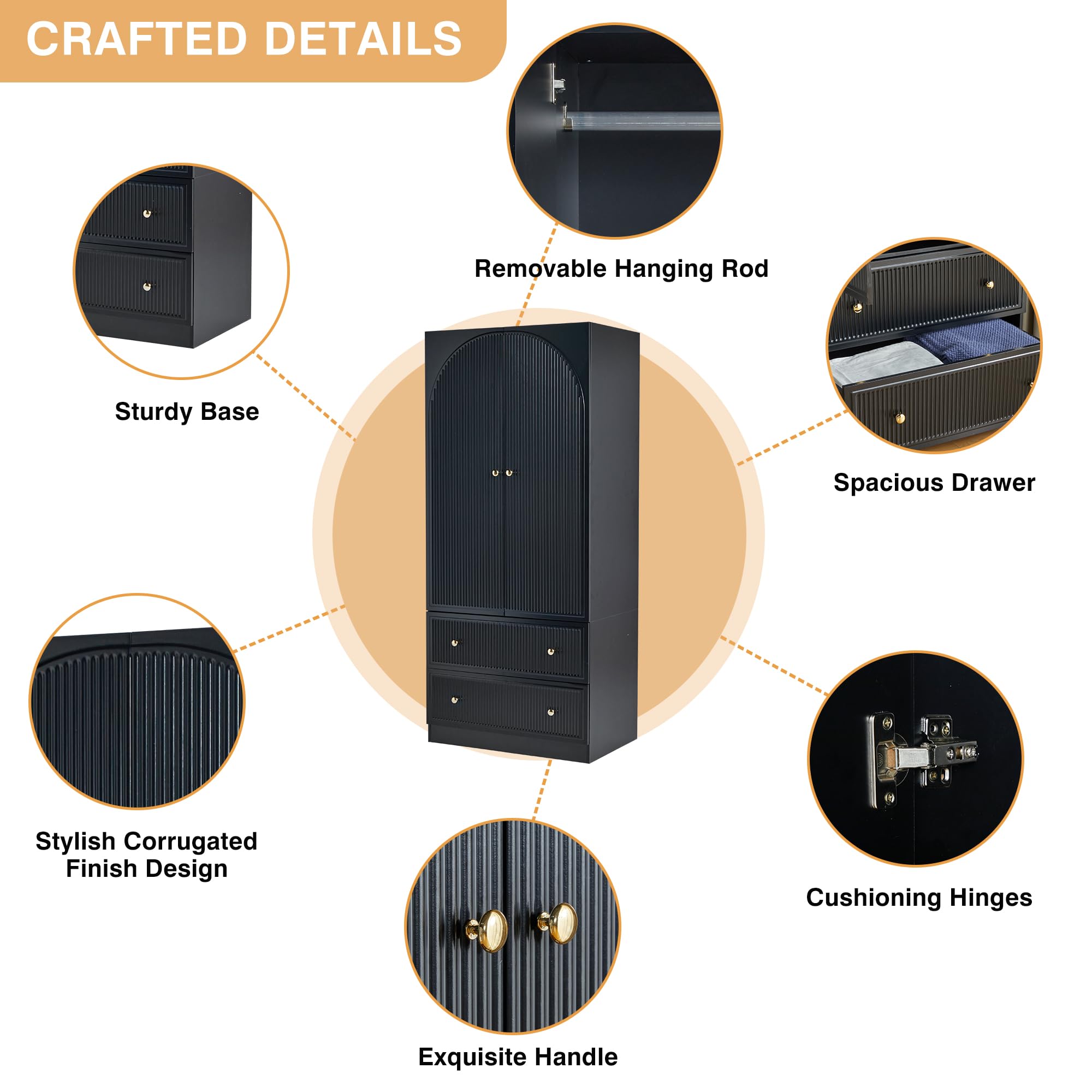 ORRD Black Freestanding Armoire Wardrobe Closet - 2 Door Wooden Storage Cabinet with 2 Drawers, Large Capacity Bedroom Closet Organizer for Clothes, Shoes & Accessories | Perfect for Master Bedroom, Guest Room & Dormitory Storage