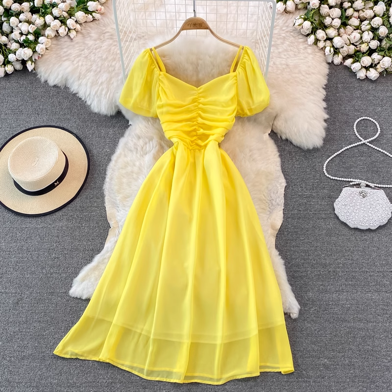 Bubble Short Sleeve Square Neck Dress - Pleated A-Line Chiffon Long Skirt for Women | Summer Casual Flowy Dress for Beach, Party & Everyday Wear | Style 926