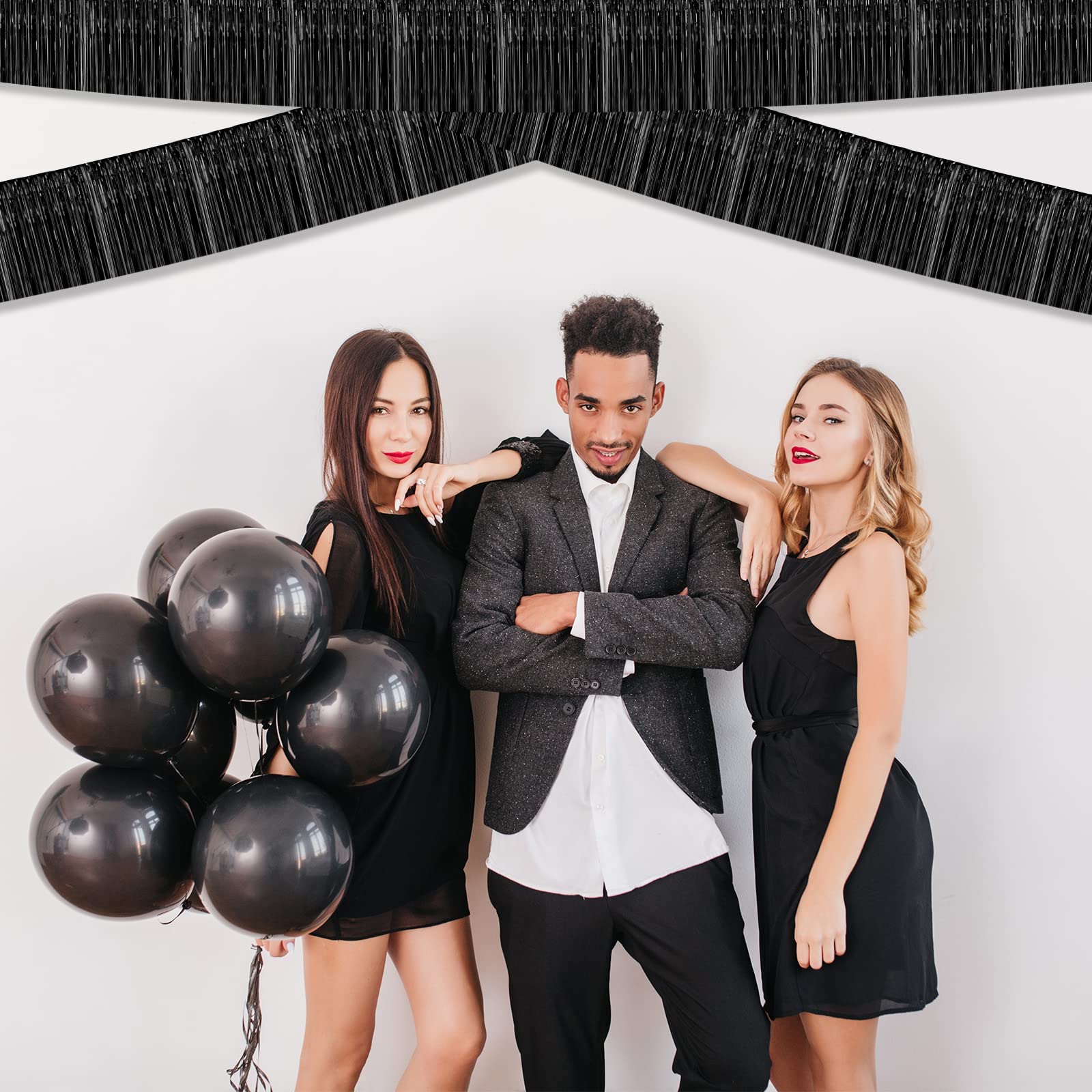 10 Pack 10 Feet Black Foil Fringe Garland - Metallic Tinsel Streamers for Party Decorations | Wedding, Birthday, Christmas, Halloween, Bachelorette & Parade Backdrop | Wall Hanging Curtain & Photo Booth Decor