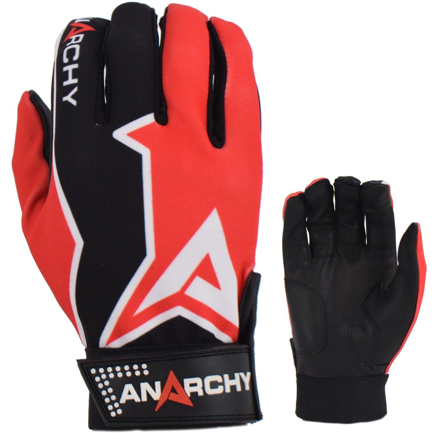 Anarchy Premium Batting Gloves for Baseball & Softball - Red/Black/White - Durable Grip & Comfort for Training & Games