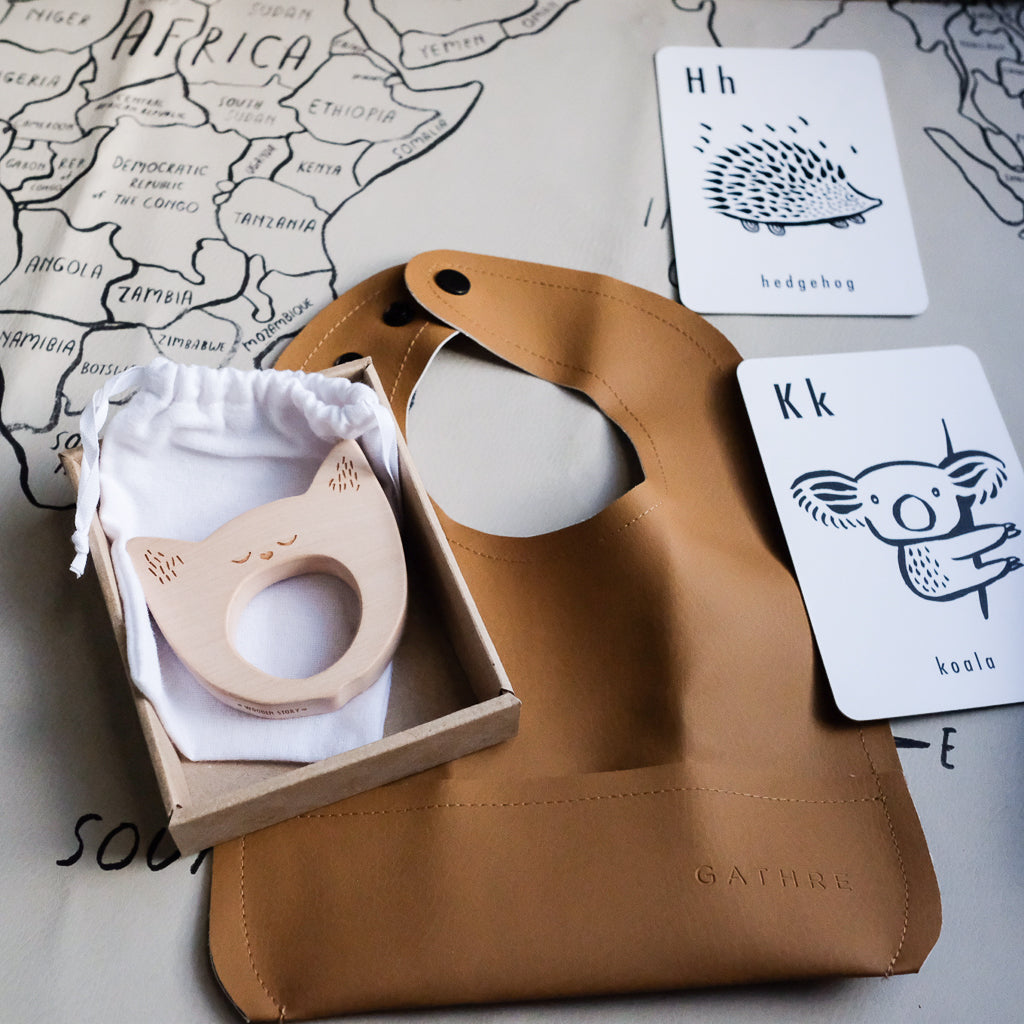 Wooden Story Soother Yawning Cat - Handmade Wooden Baby Teether for Infants & Toddlers - Perfect for Teething Relief & Sensory Play at Home or On-the-Go