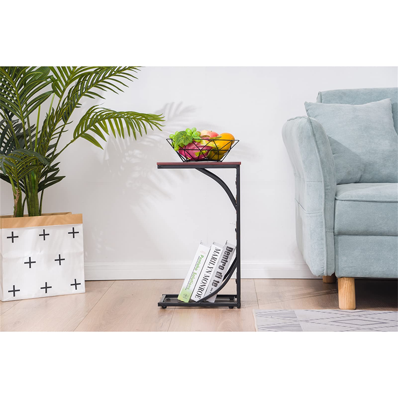 Modern C-Shaped End Table - Narrow Sofa Side Table, Small TV Tray & Bedside Nightstand with Storage Shelf - Perfect for Living Room, Bedroom, Office - Ideal as Coffee Table, Snack Stand for Couch, Chair, Recliner or Bed Use