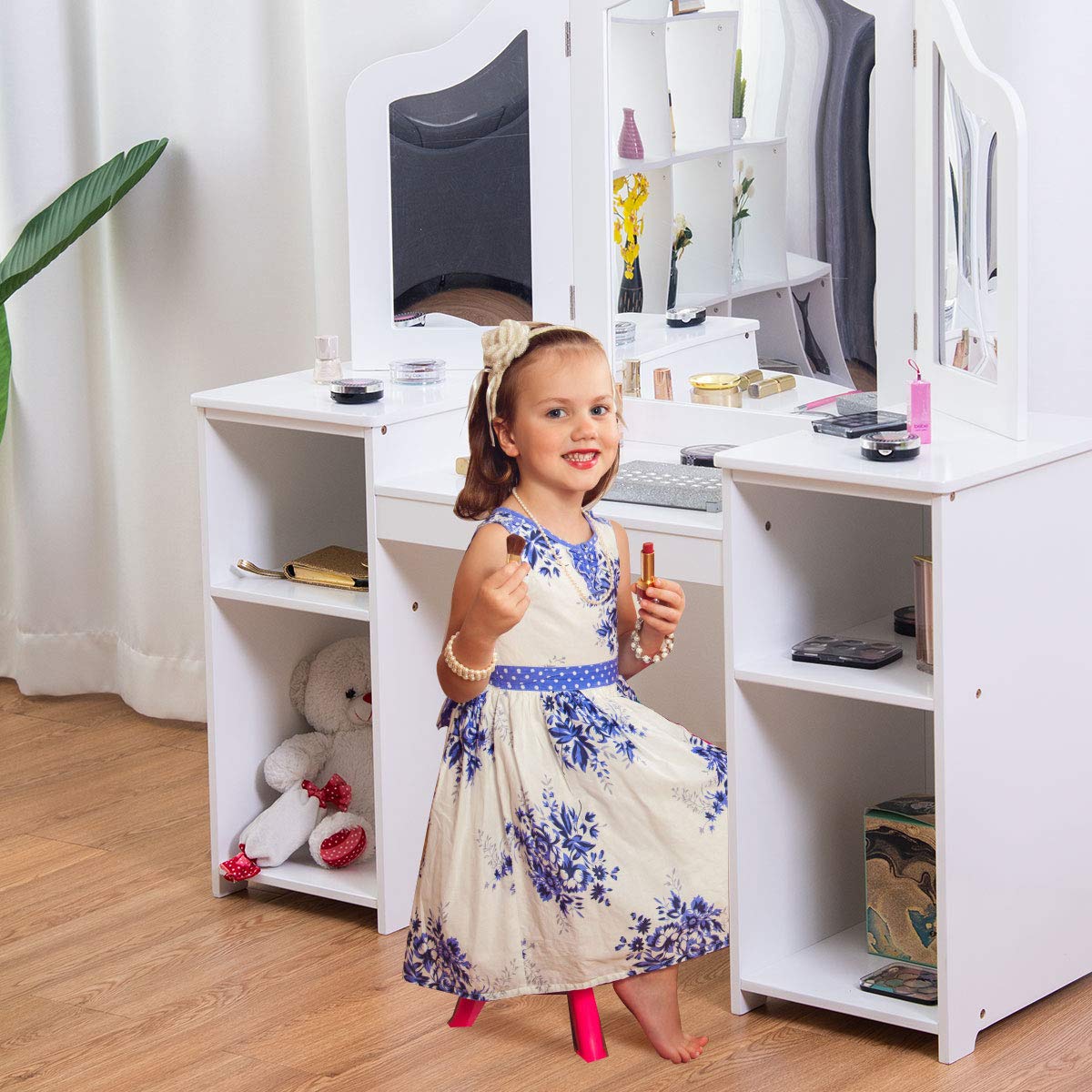 **White Kids Vanity Table with 4 Storage Shelves & 2 Folding Mirrors - 2-in-1 Makeup Dressing Table for Girls, Perfect for Bedroom Playroom & Birthday Gifts**