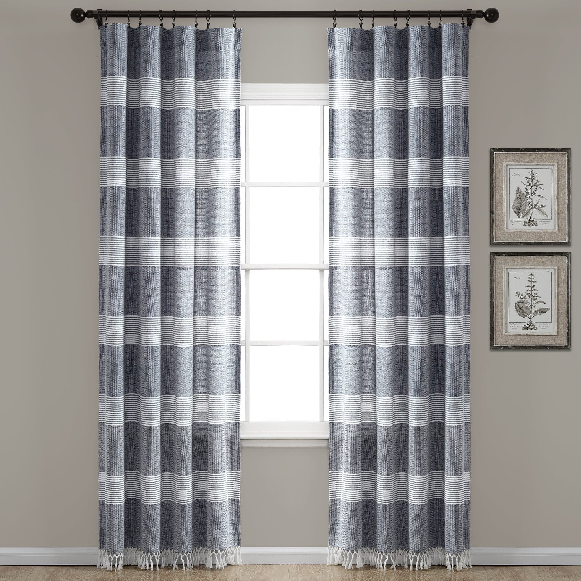 Tucker Stripe Yarn Dyed Knotted Tassel Window Curtain Panel Set - Elegant Blackout Drapes for Living Room & Bedroom Decor