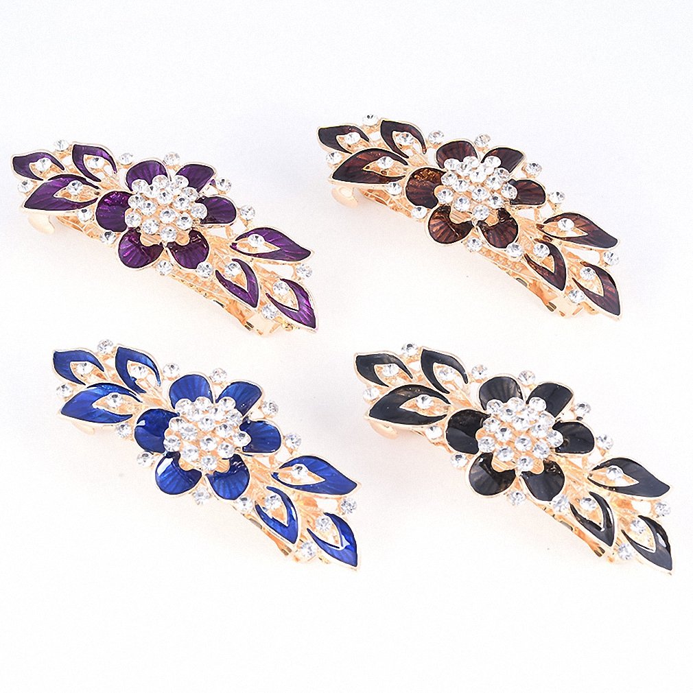 Giwotu Women's Barrettes - Colorful Enamel Flower Hair Clips with Crystal Rhinestones | Fashion Hair Accessories for Women & Girls | Perfect for Weddings, Parties & Daily Styling (Black)