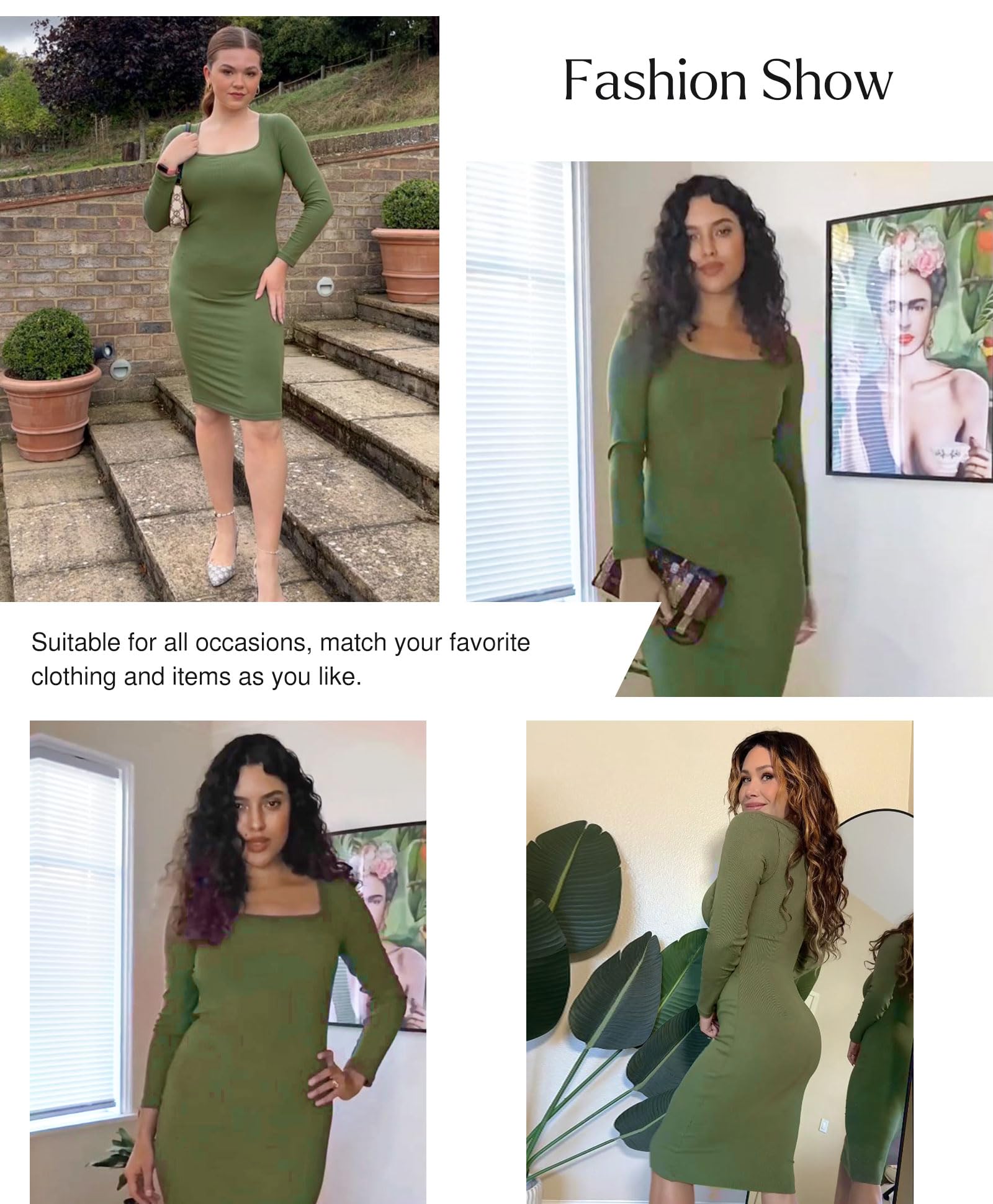Popilush Women's Long Sleeve Bodycon Midi Dress with Built-in Bra - Tummy Control Shapewear for Cocktail Party, Night Out, Date Night & Special Occasions