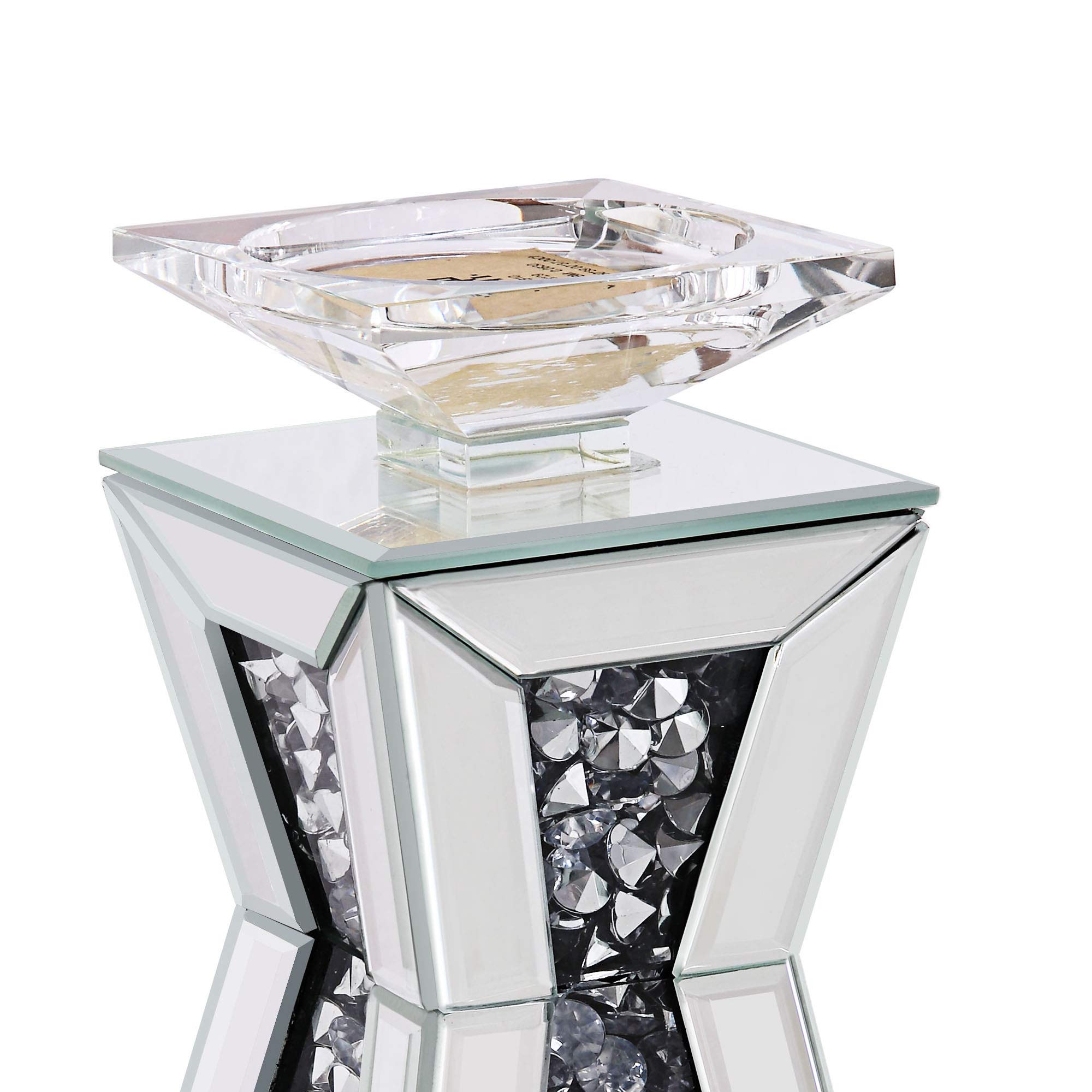 Benjara Wood Candle Holders with Hourglass Shape - Set of 2 Small Clear Glass Candle Stands for Wedding Centerpieces, Table Decor, Home Decor & Romantic Ambiance