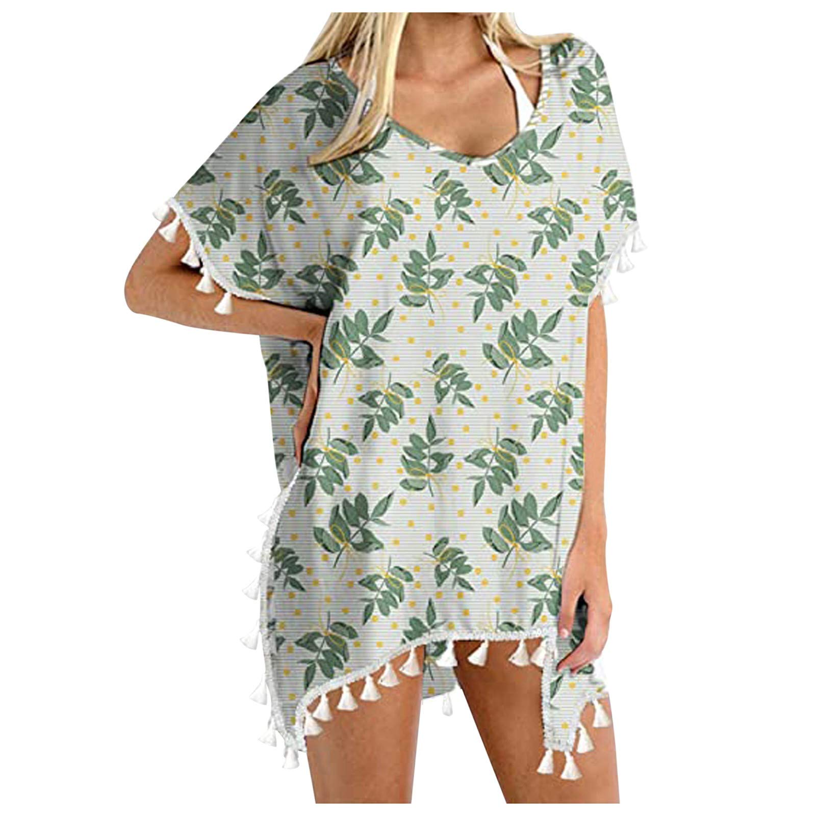 Xiloccer Women's Plus Size Beach Cover Up - Flowy Chiffon Kaftan with Tassel Trim, Bikini Cover Up for Swimming Pool & Beach Vacation | Summer Swim Dress for Women, Girls, Swimwear Accessories