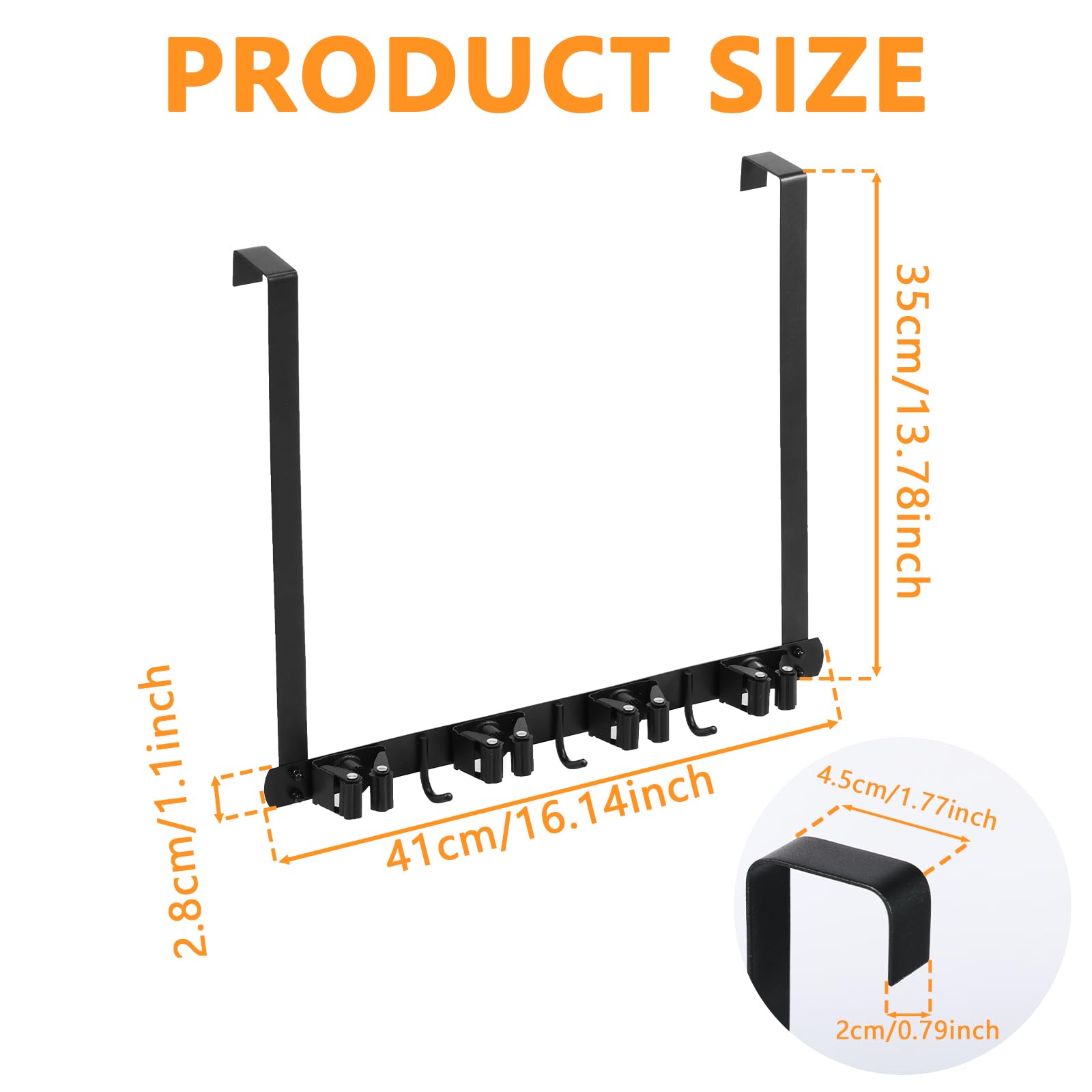 Stainless Steel Broom Holder - Over The Door or Wall Mount Mop & Broom Organizer with 2 Hooks for Closet, Garage, Laundry Room - Space Saving Storage Solution for Cleaning Tools