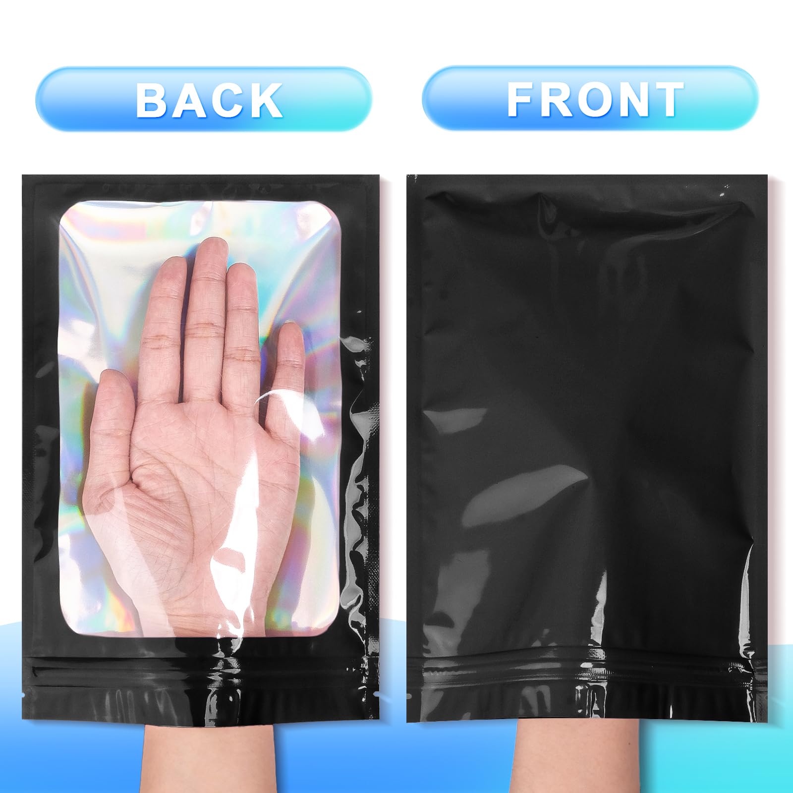 100-Pack Smell Proof Mylar Bags - Resealable Holographic Storage Pouch with Clear Window for Food, Eyelash, Jewelry & Electronics (4.7