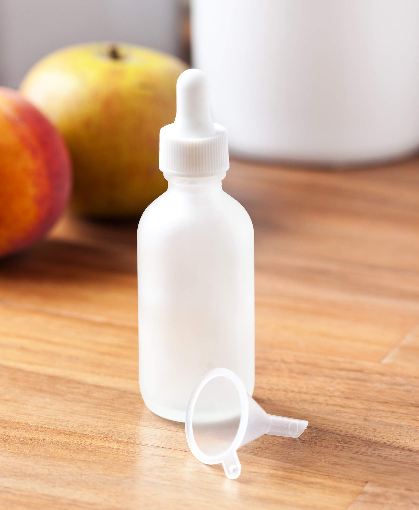 JUVITUS 2 oz Frosted Clear Glass Boston Round White Dropper Bottles (4 Pack) with Funnel - Essential Oil Bottles, DIY Skincare Containers, Travel-Sized Liquid Storage for Aromatherapy & Beauty Products