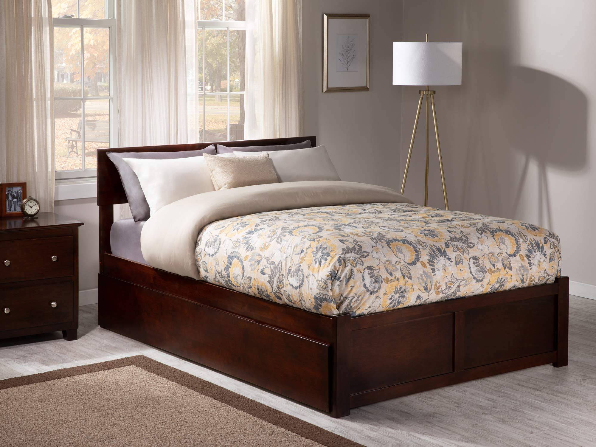 AFI Orlando Queen Size Platform Bed with Footboard & Twin XL Trundle in Walnut - Modern Solid Wood Bed Frame for Master Bedroom or Guest Room