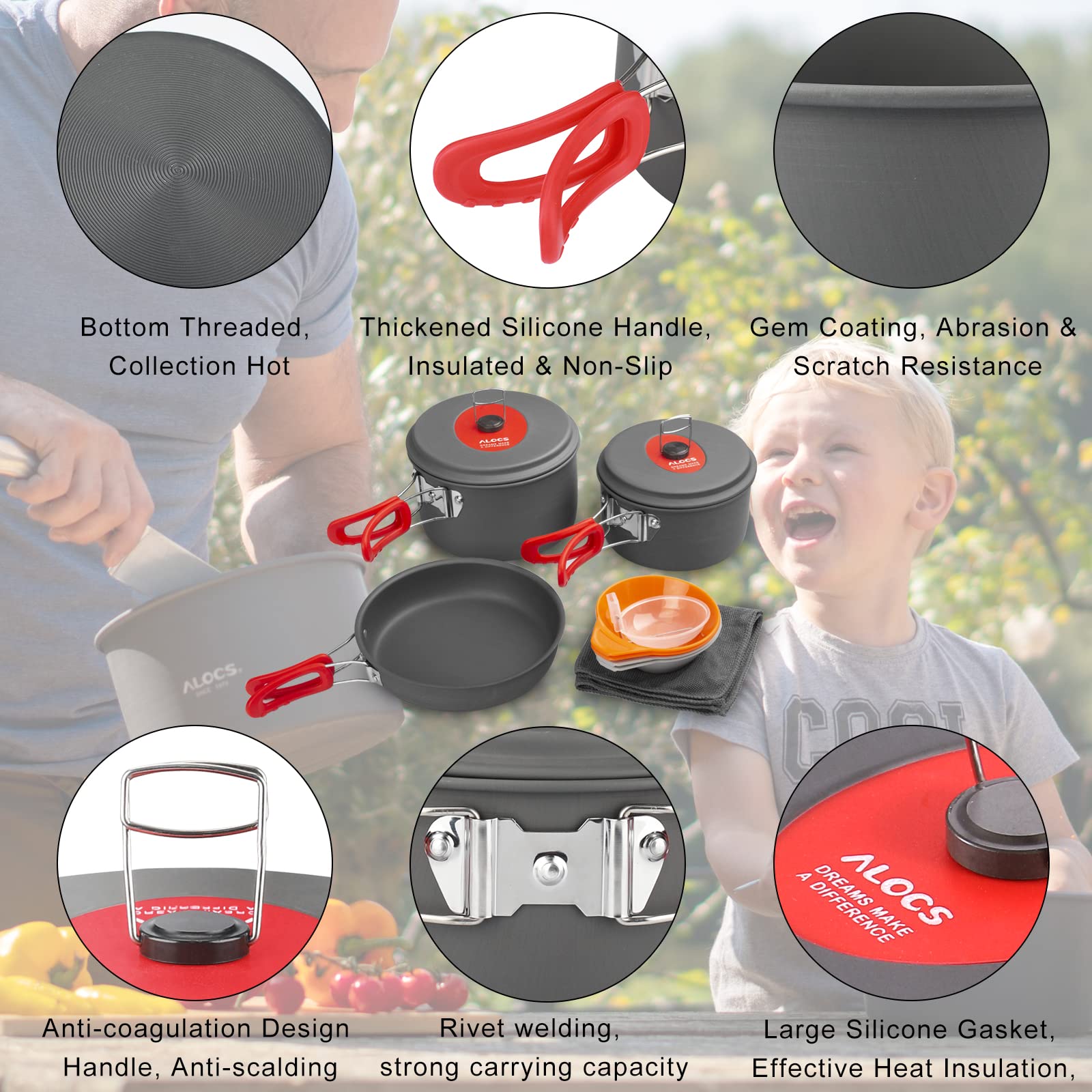 Alocs Camping Cookware Set - Lightweight & Portable Outdoor Cooking Kit with Accessories for Camping, Backpacking, Hiking, Picnic - Perfect for RV Trips, Beach BBQs and Family Outdoor Adventures