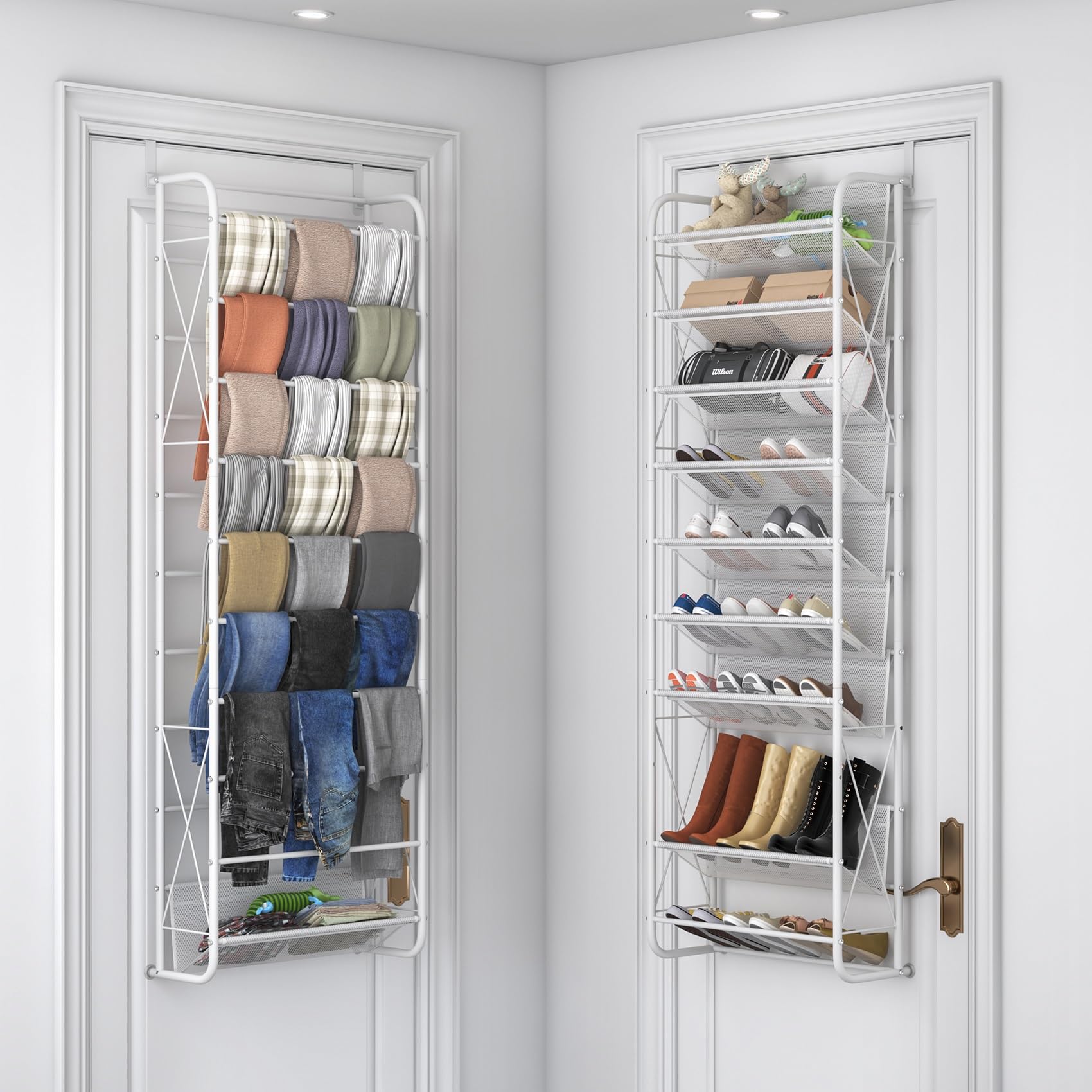 JSB 10-Tier Over The Door Shoe Organizer - Mesh Fabric Hanging Storage for Shoes, Clothes & Toys - Space Saving X-Structure Design - Perfect for Closet, Pantry & Bedroom (Matte White)
