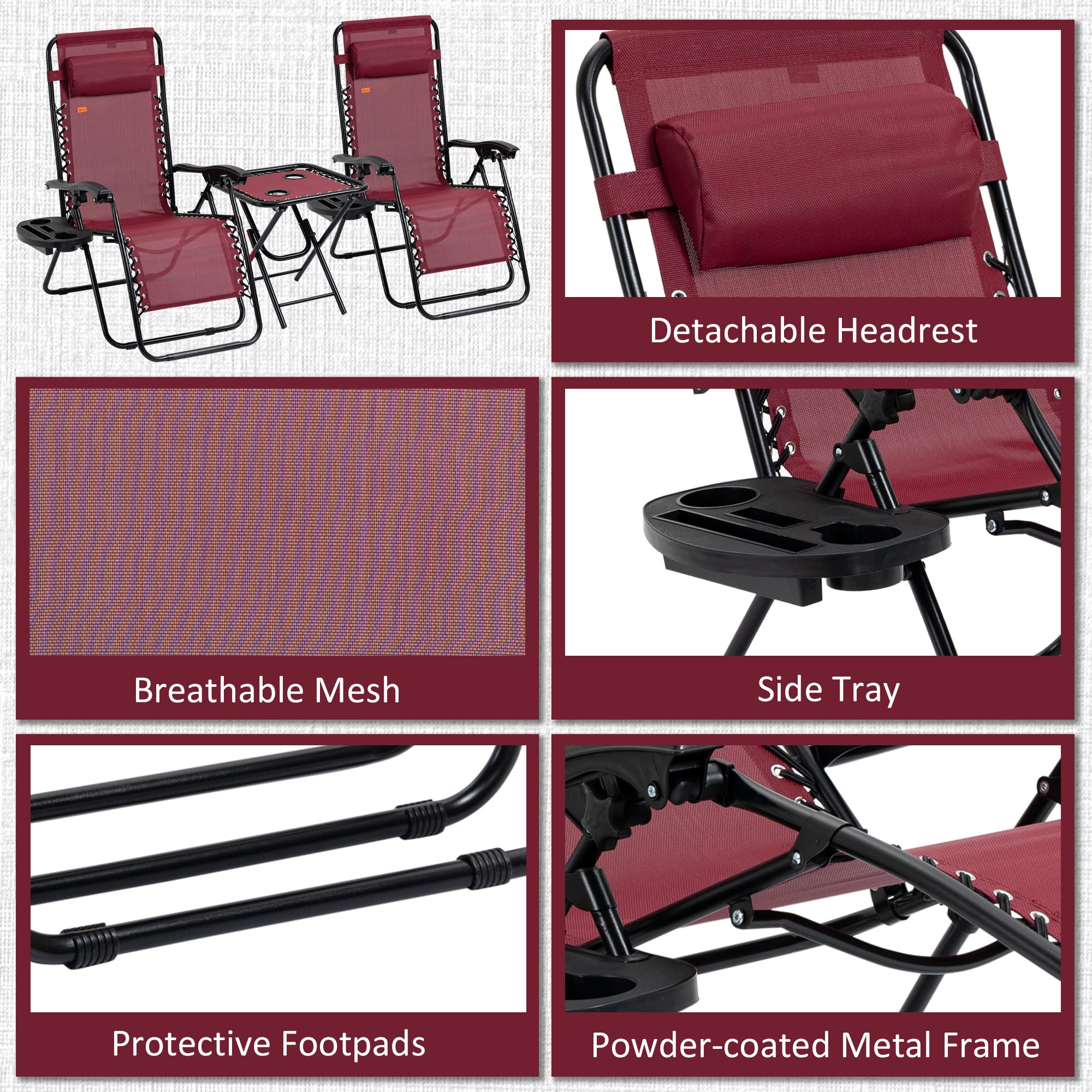 Outsunny Zero Gravity Lounge Chair Set with Side Table - Adjustable Folding Recliner with Cup Holders & Head Pillow - Patio, Backyard, Poolside, Beach Relaxation - Perfect for Sunbathing, Camping & Outdoor Lounging (Wine Red)