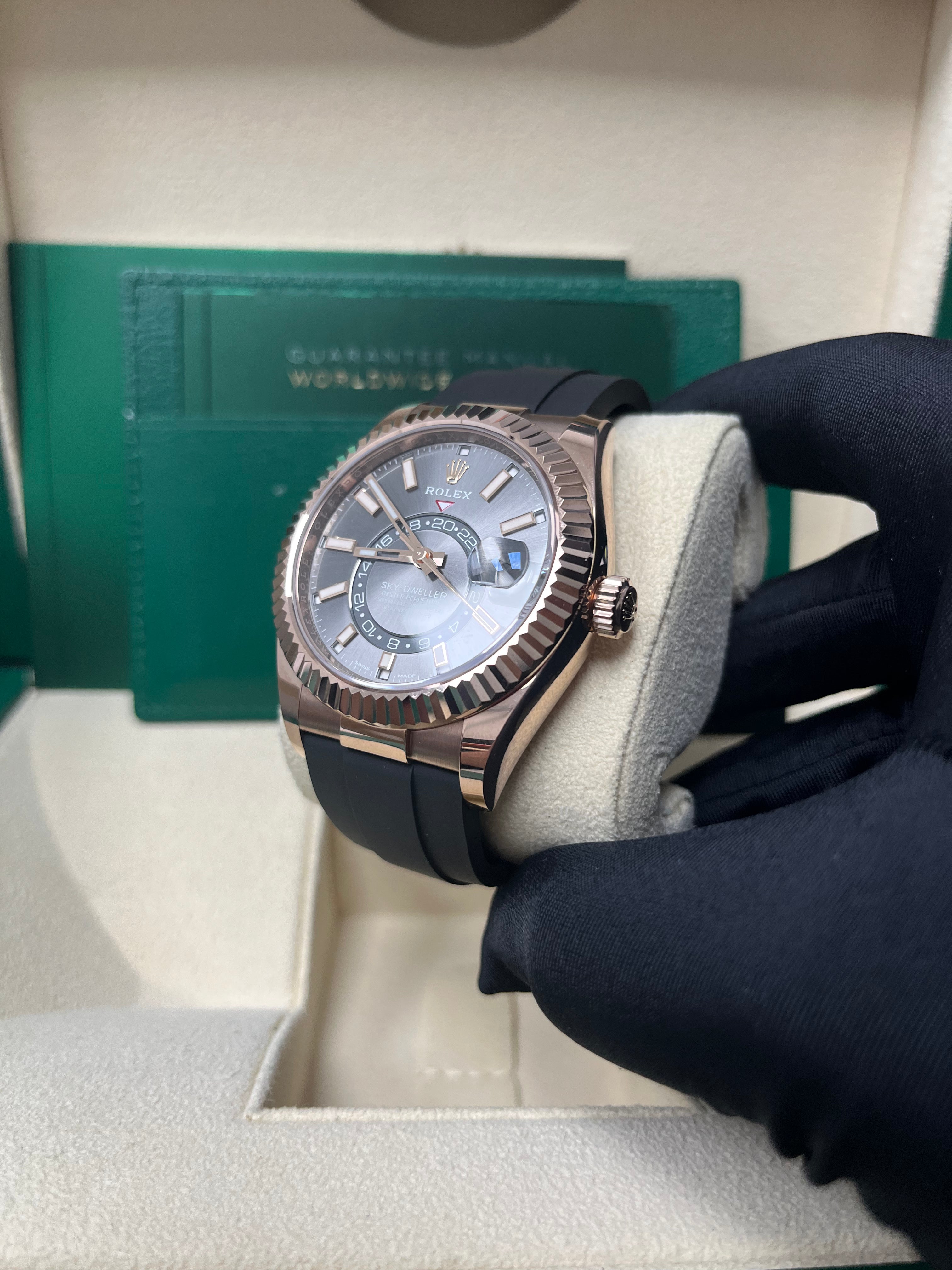 Rolex Sky-Dweller 42mm Rose Gold Watch with Dark Rhodium Dial & Oysterflex Bracelet (Ref. 326235) - Luxury Men's Timepiece for Business, Travel & Special Occasions