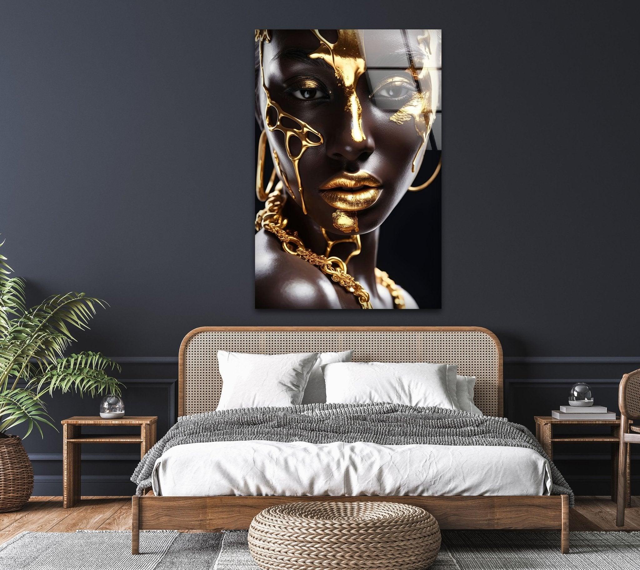 African Gold Woman Glass Wall Art - Handmade African Decor for Living Room, Bedroom & Office - Elegant Home Decor Gift for Women