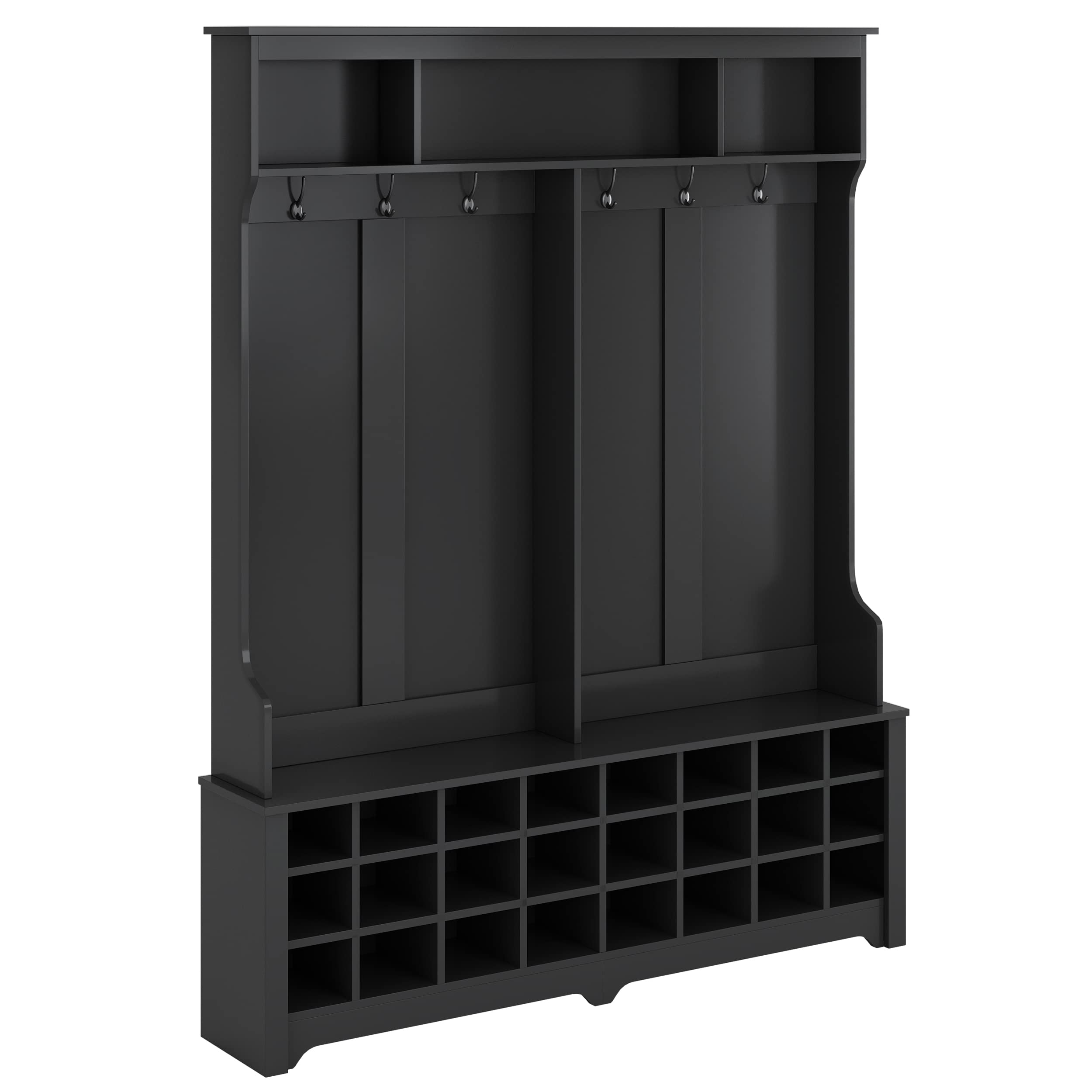 Large Entryway Coat Rack with Shoe Storage - 24-Cube Organizer, 6 Hooks & 3 Shelves - Hall Tree Bench for Shoes, Jackets & Bags - Perfect for Foyers, Mudrooms & Apartments (Black)