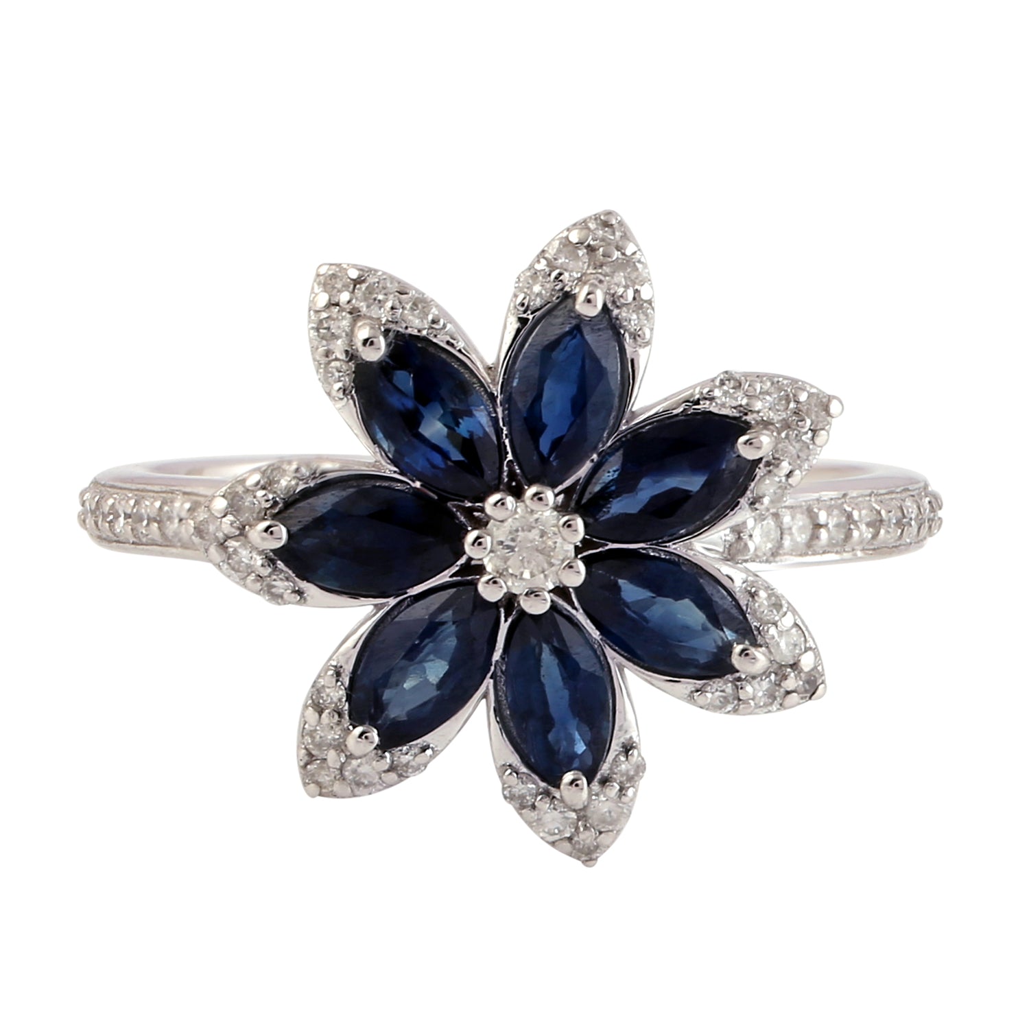 Exquisite Marquise Cut Blue Sapphire and Diamond Daisy Ring in 14K White Gold - Perfect for Engagement, Anniversary & Special Occasions