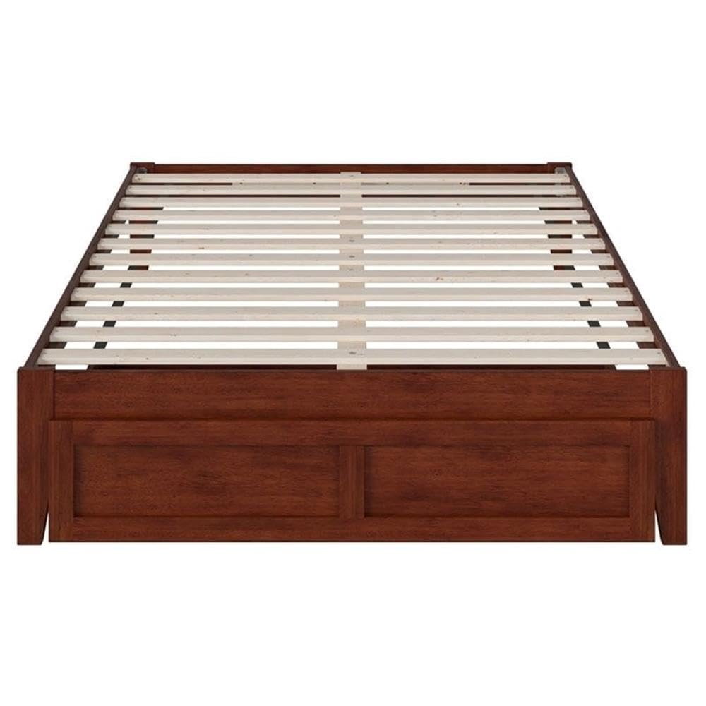 Pemberly Row Modern Walnut Wood Full Bed Frame with Foot Drawer Storage & USB Charging Ports - Perfect for Small Bedrooms, Guest Rooms & Contemporary Home Decor