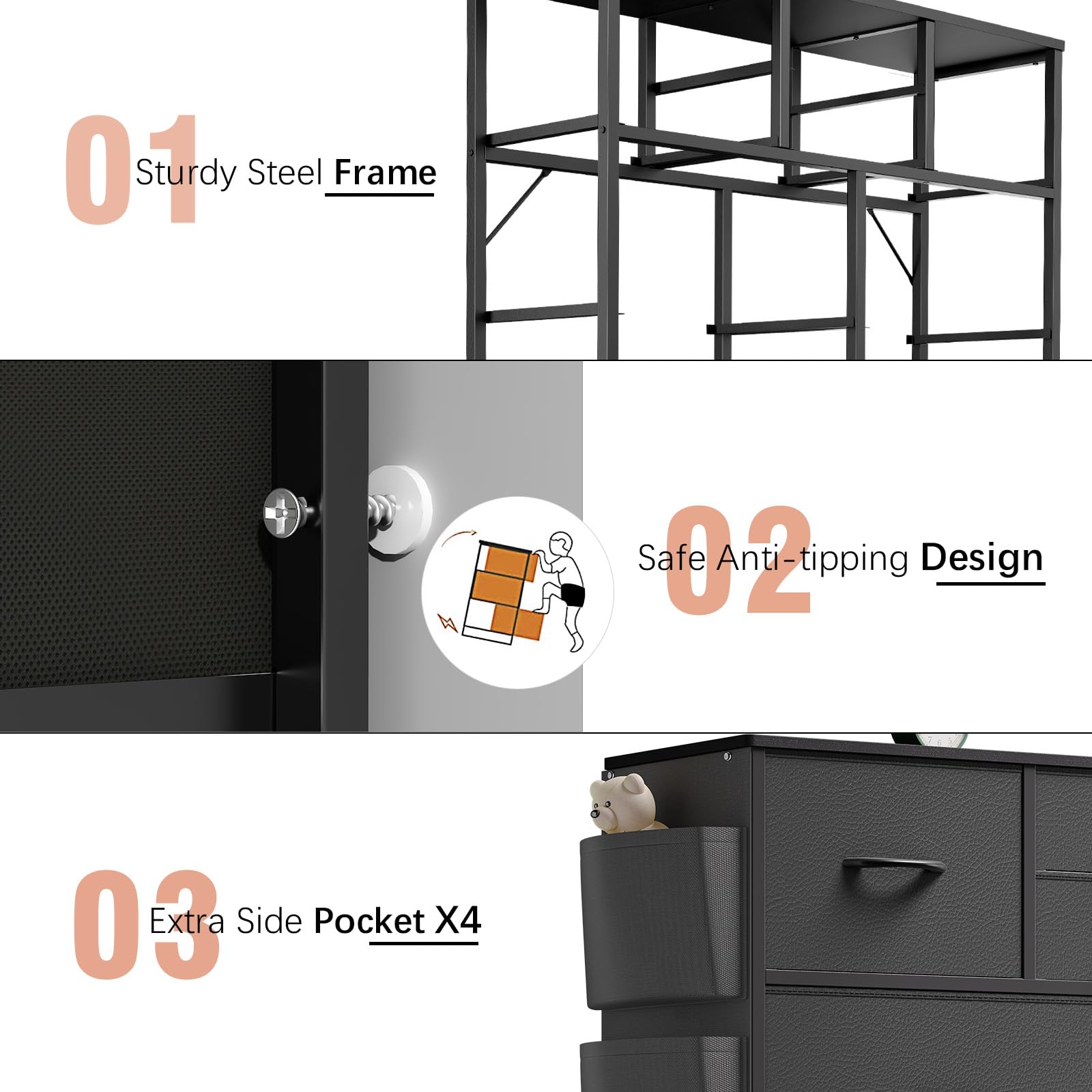 Black 10-Drawer Dresser for Bedroom & Closet Storage with Hooks - Perfect for Hallway, Kids Room