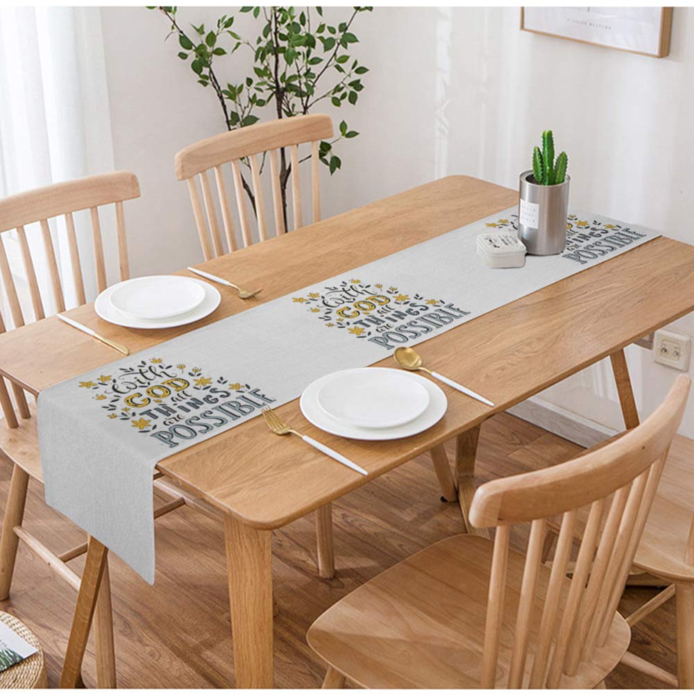 Swono Biblical Lettering Table Runner - 'With God All Things Are Possible' Cotton Linen Tablecloth for Kitchen, Coffee Table, Dining Room - Non-Slip 14x72 Inch - Perfect for Christian Home Decor, Thanksgiving & Christmas Dinner Settings