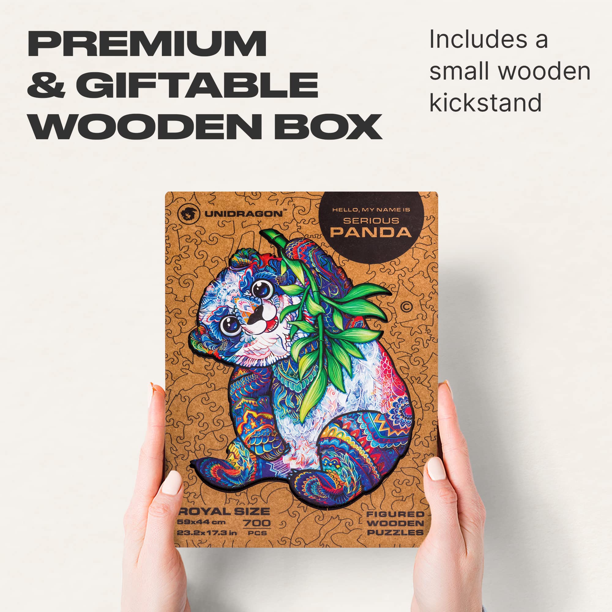UNIDRAGON Premium 700-Piece Wooden Jigsaw Puzzle - Serious Panda Art, Large 17.3x23.2 Inches, Unique Shaped Pieces, Perfect Gift for Adults & Kids | Fun Family Activity, Home Decor, Stress Relief & Brain Teaser