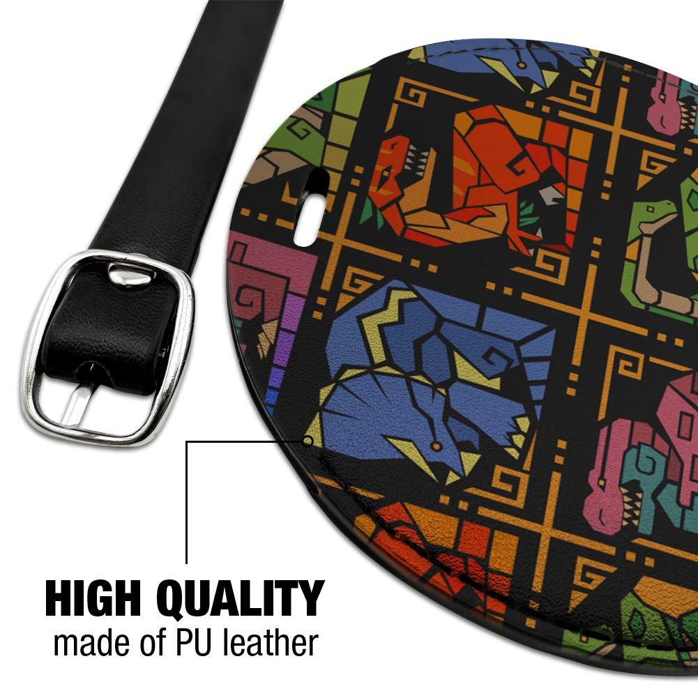 Aztec Mayan Style Geometric Dinosaur Leather Luggage Tag - Round ID Card Holder for Travel Bags, Suitcases & Backpacks - Perfect for Vacation, Business Trips & Adventure Travel