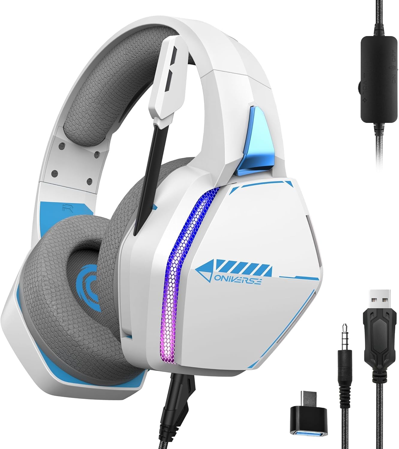 Best Gaming Headset for Xbox PS5 PS4 Switch PC Mac - Wired Stereo Headphones with Adjustable Mic, LED Lights, 50mm Speakers & Breathable Fabric Pads - Perfect for FPS, RPG & Online Gaming (Arctic White)