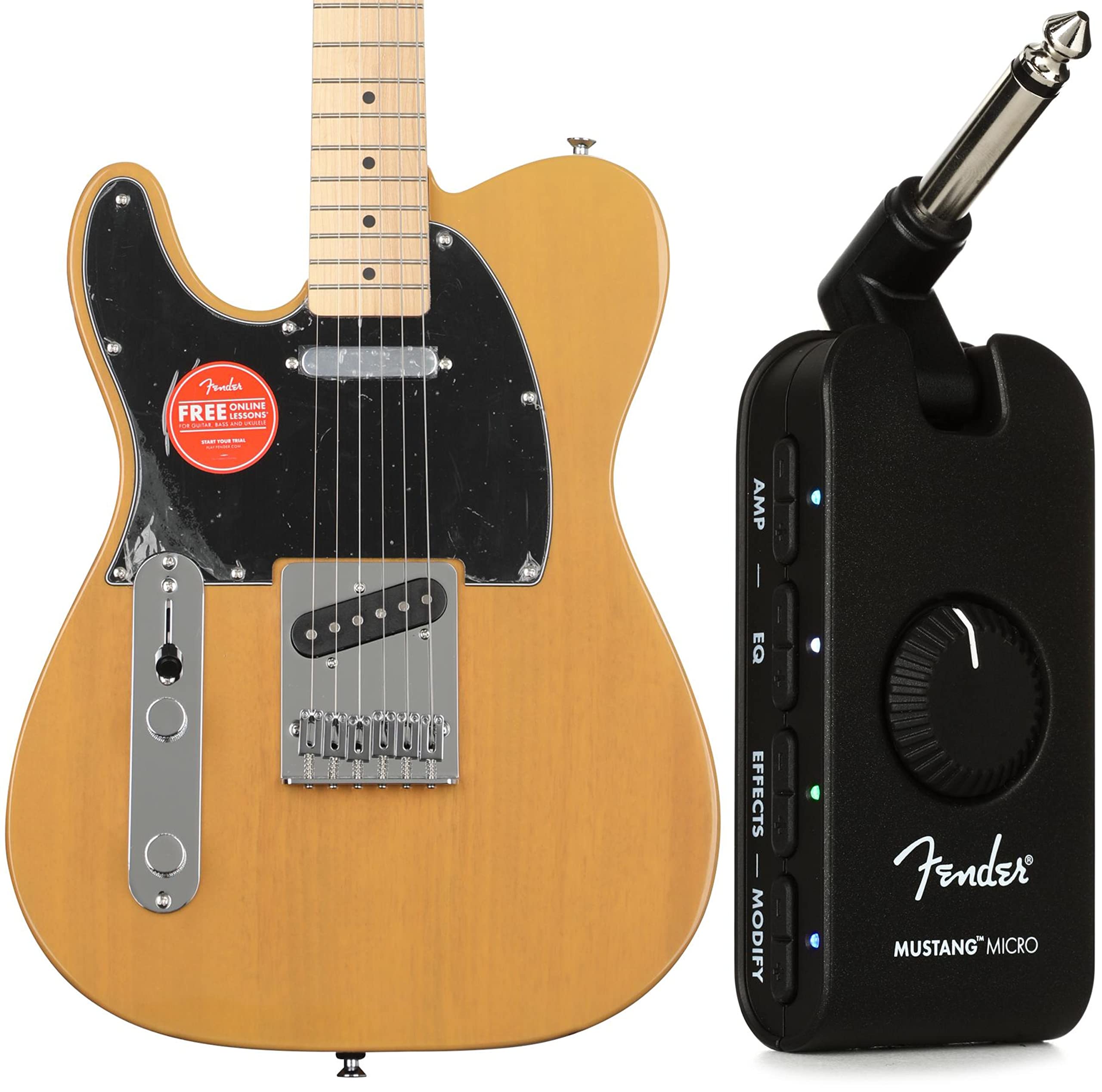 Squier Affinity Series Telecaster Left-Handed Electric Guitar - Butterscotch Blonde with Maple Fingerboard & Mustang Micro Headphone Amp Bundle | Perfect for Home Practice, Studio Recording & Beginner Guitarists