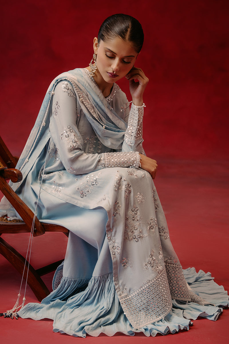 MAJESTIC AZURE 3-Piece Silk Embroidered Suit for Women | Luxury Formal Wear | Wedding, Party & Special Occasion Outfit
