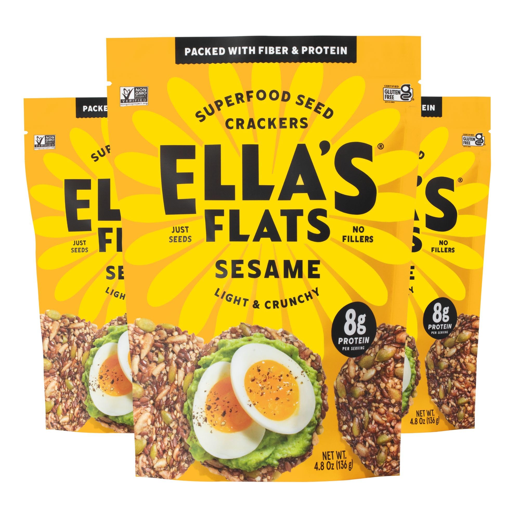 ELLA’S FLATS® Sesame All Seed Savory Crisps – All Natural, Gluten Free, High Protein & Fiber Snacks, Vegan & Keto Friendly (3 Pack) – Perfect for Healthy On-the-Go Snacking, Office Lunch, and Low-Carb Diet