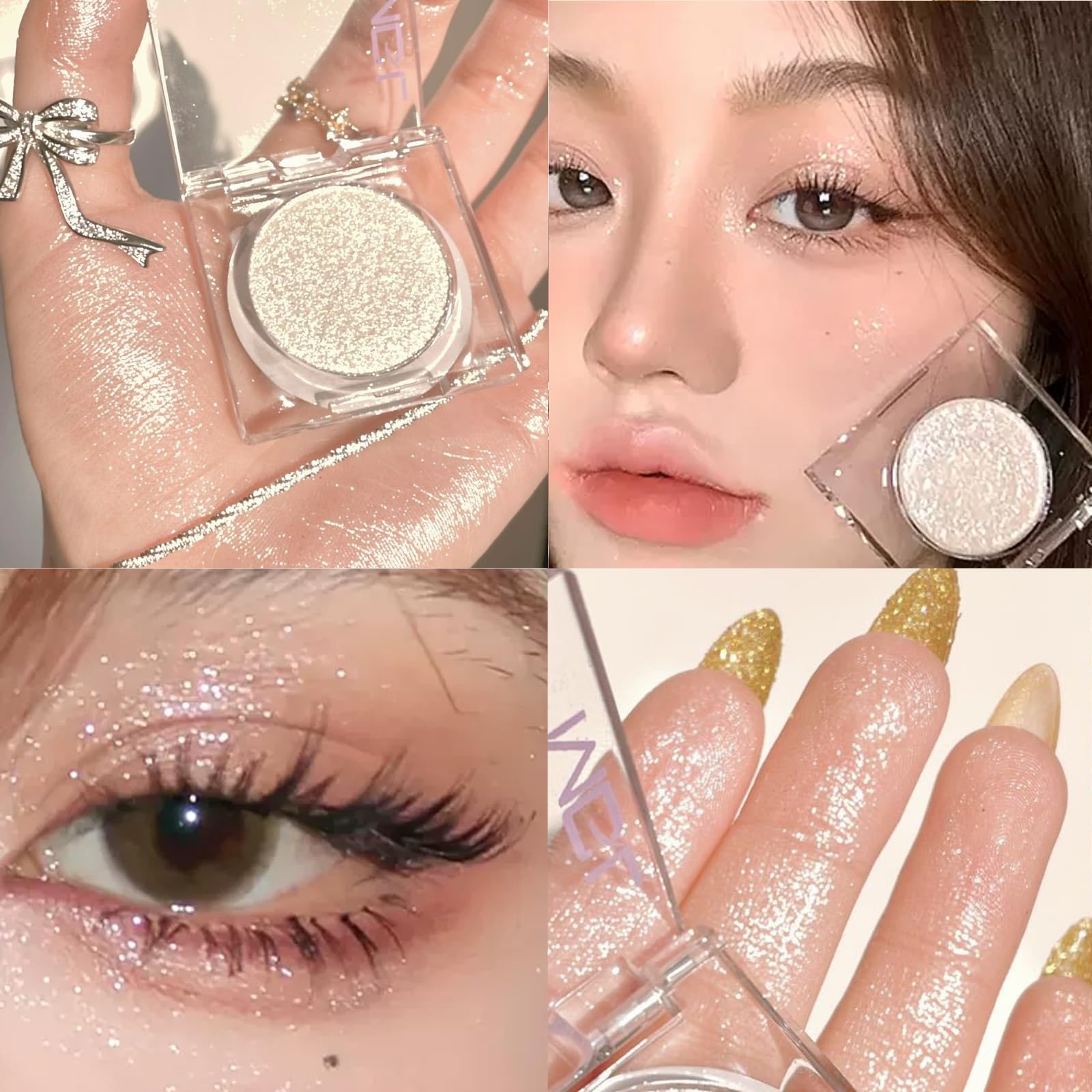 Shimmer Glitter Eyeshadow Palette - Korean Eye Glitter Makeup with Ultra-Blendable Sparkle in Silver, Champagne & Gold | Metallic Pigmented Single Shade for Party, Night Out & Special Occasion Makeup